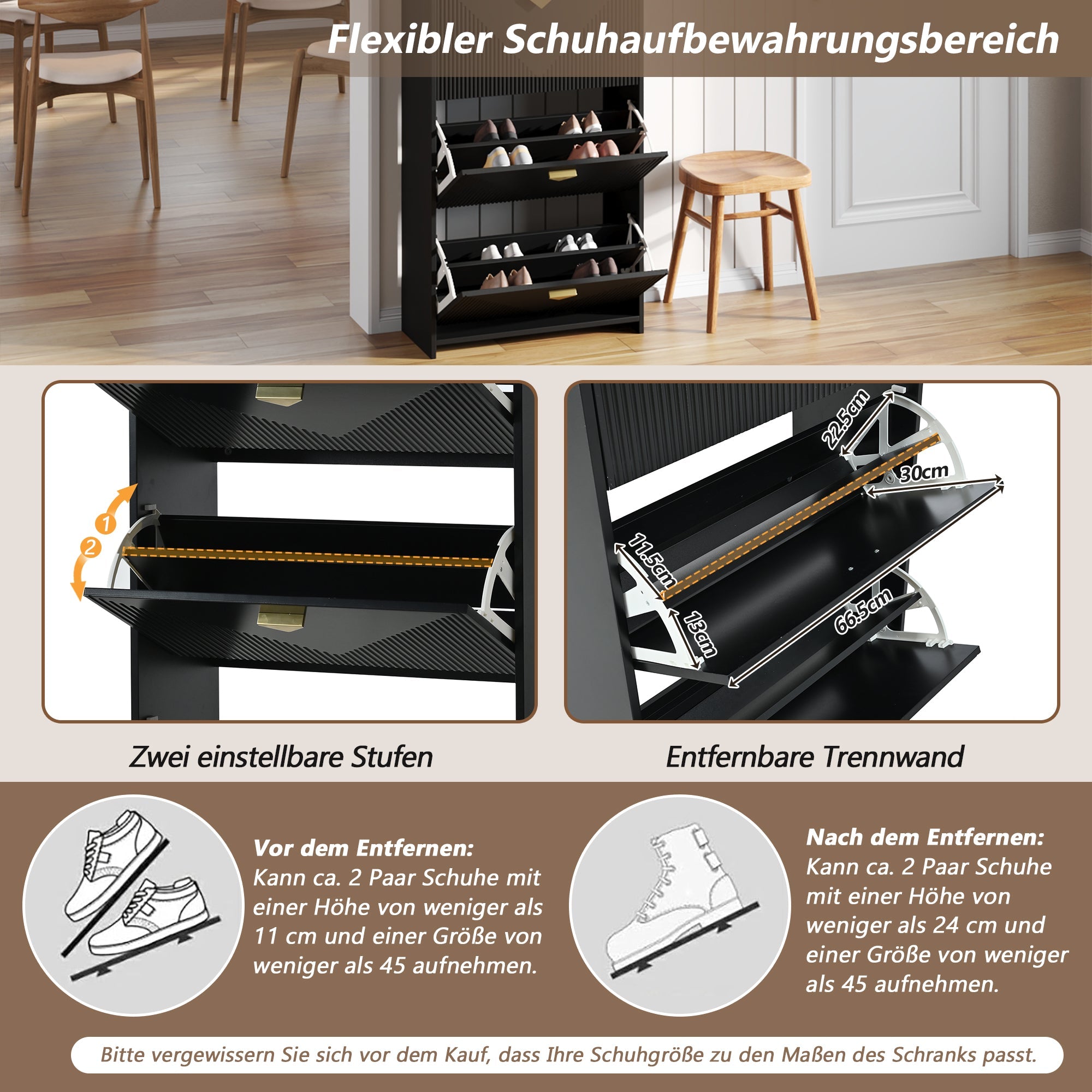 Shoe Cabinet 70x30x120cm 3 Drop-Down Doors 6 Compartments Adjustable Width Black