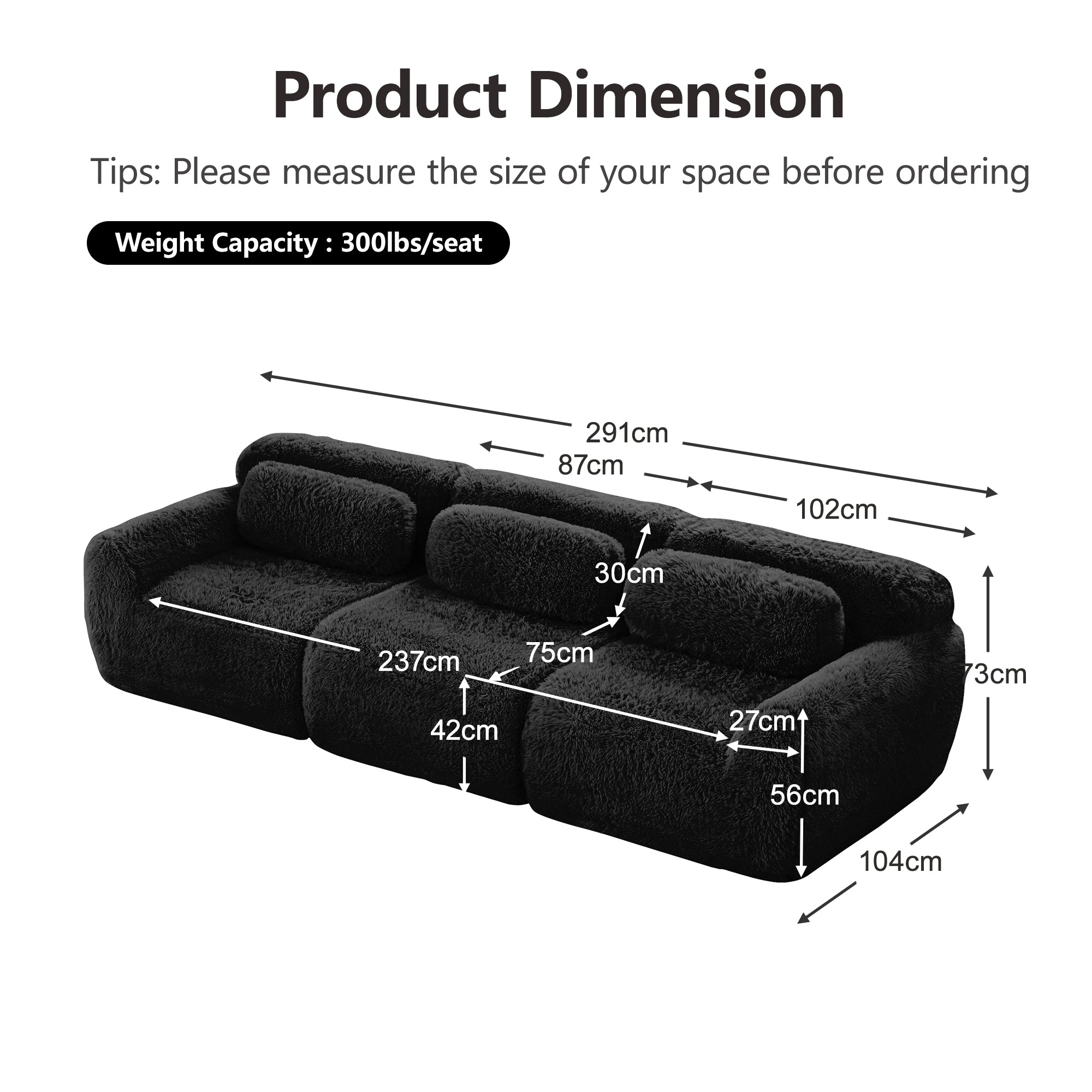 3-Seater Deep Sofa Modular Plush Fabric - Black