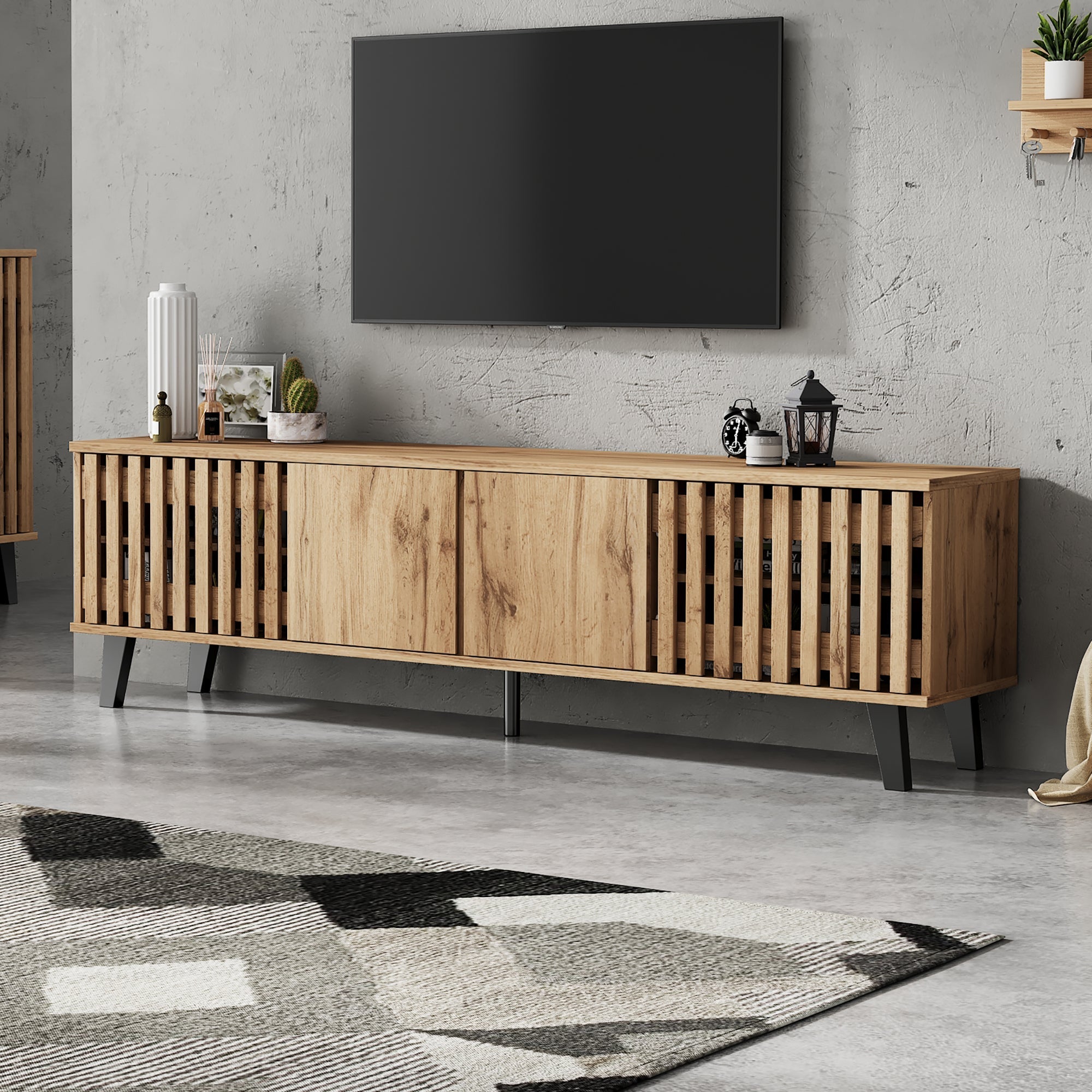 TV Cabinet 180x40x55cm Lowboard 8 Storage for 70-Inch TVs, Original Wood Color