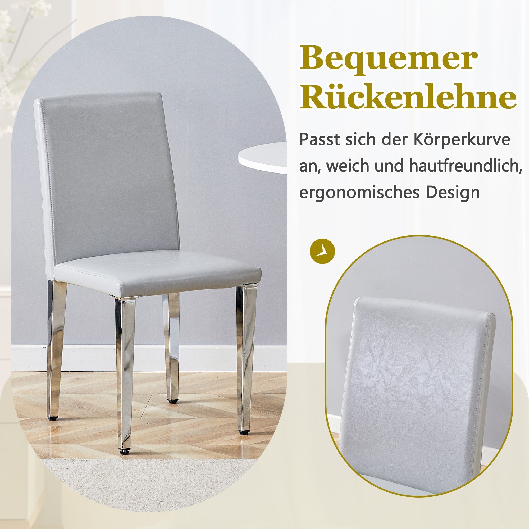 Minimalist Dining Chairs Set of 2, Ergonomic PU Leather with Metal Legs, Grey and Silver
