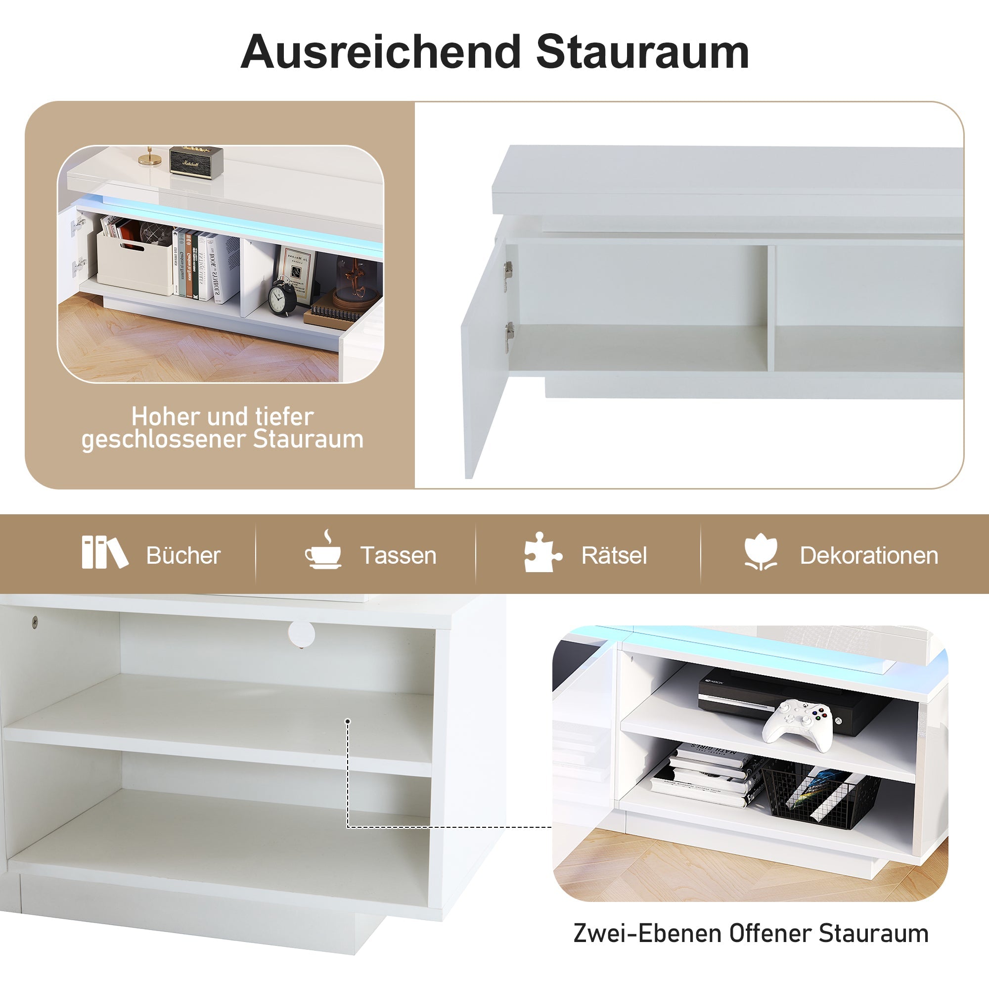 Lowboard TV Cabinet, 70-inch, High-Gloss LED, White
