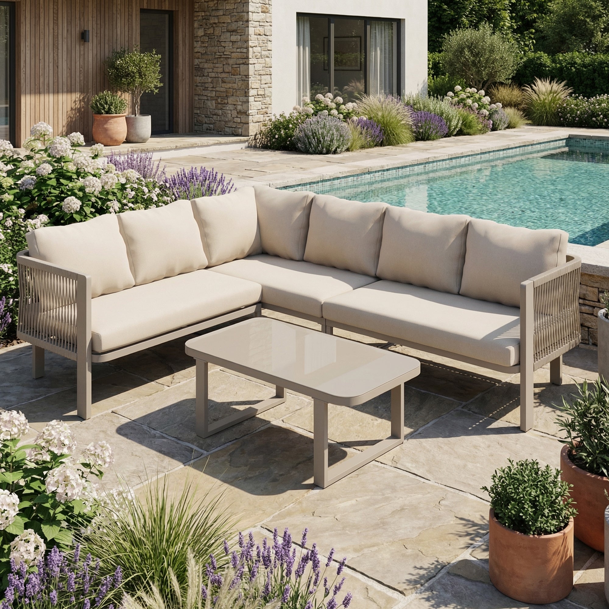 6-Person Garden Furniture Set with Corner Configuration and Glass Tabletop, Khaki Teslin Rope Weaving and Galvanized Steel