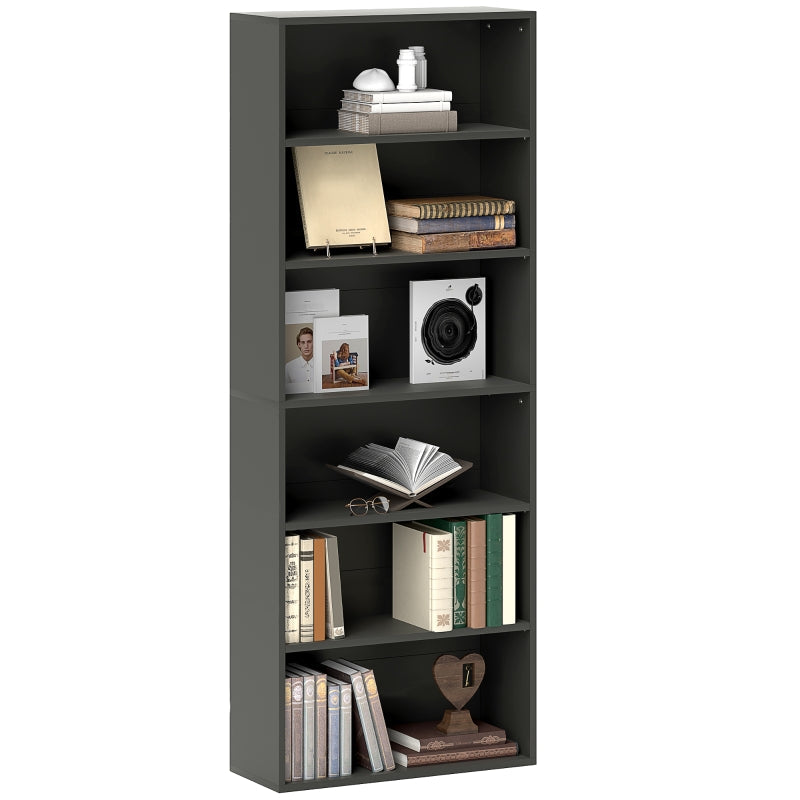 Six Shelf Bookcase, Adjustable Shelves Sturdy Particle Board, Black