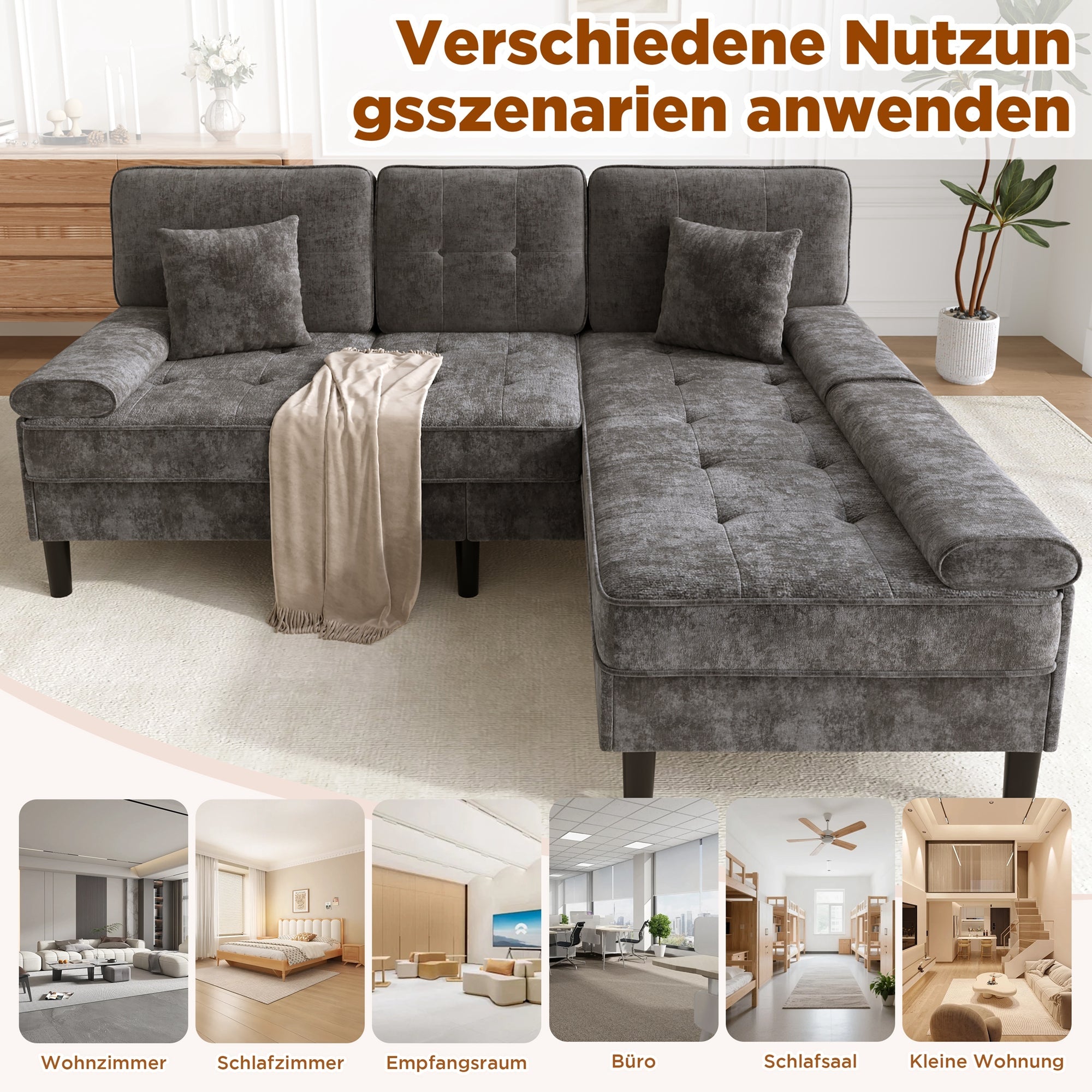 L-Shaped Corner Sofa with Sleeping Function and Movable Footrest, Chenille
