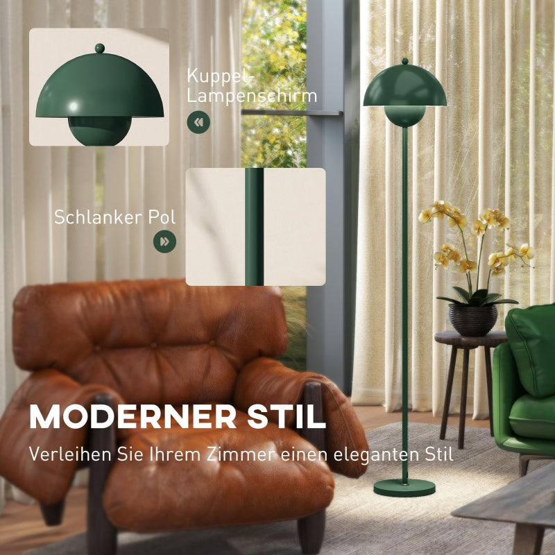 Floor lamp with round shade, reflective light, foot switch, steel stand, green