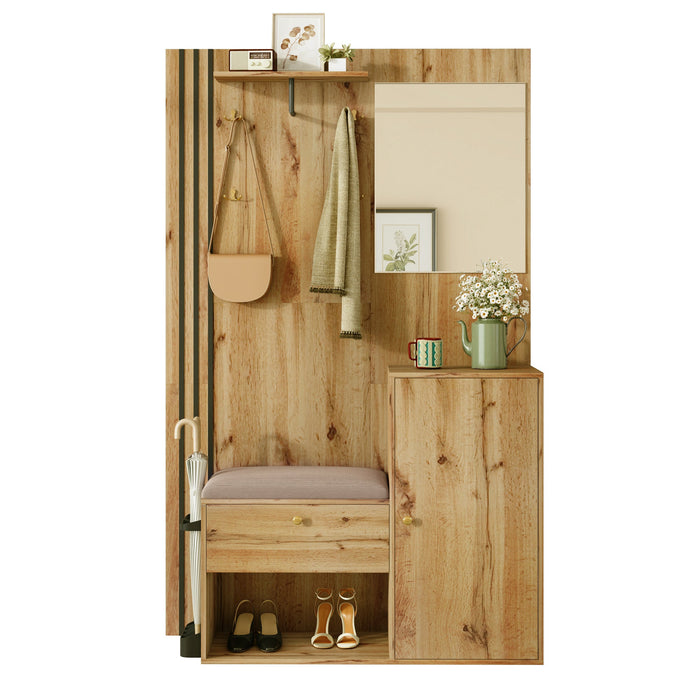 Wardrobe Set, Compact Hallway with Mirror & Cushion, Black Trim