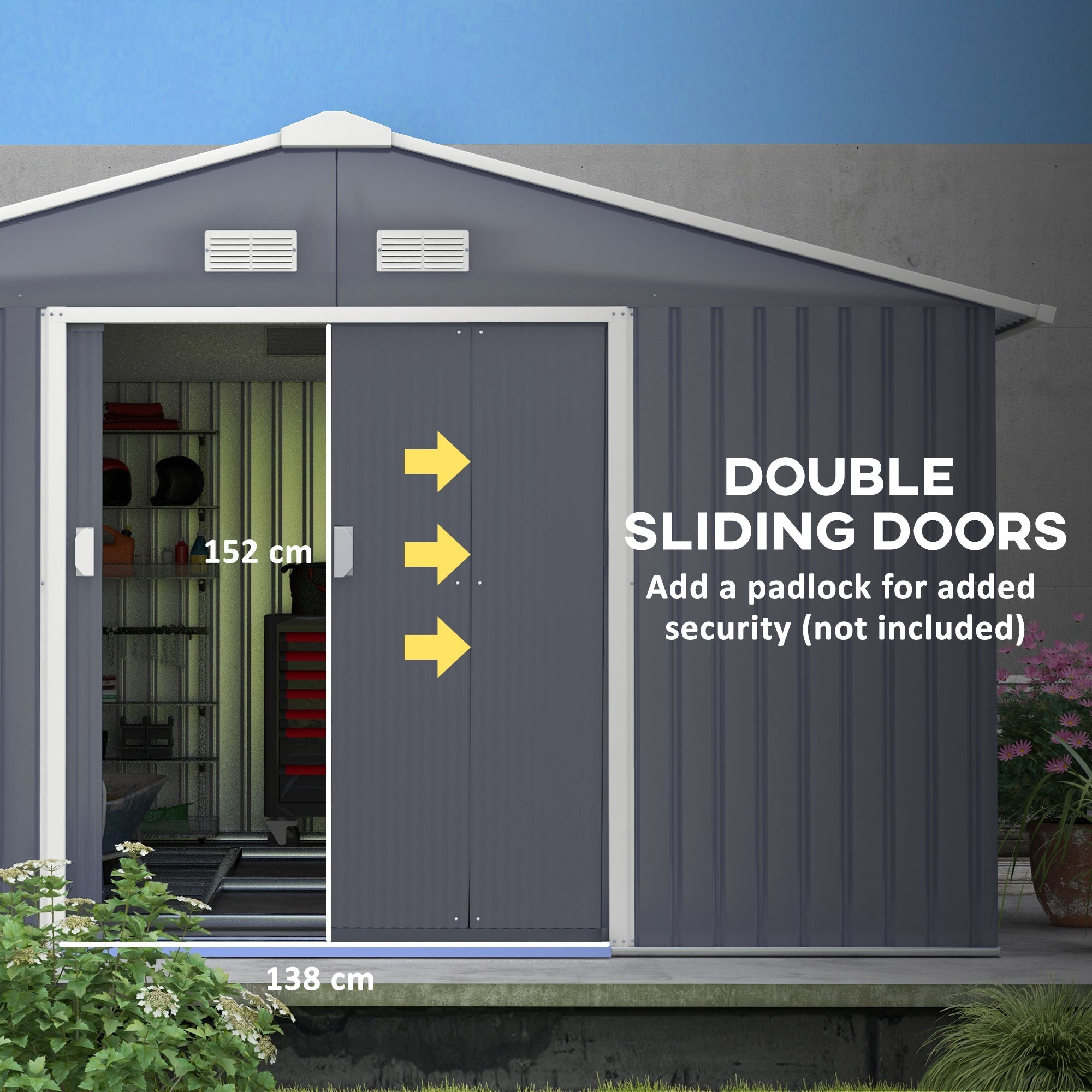 Metal Garden Shed, Outdoor Storage Tool House with Ventilation, Foundation Kit, Lockable Double Doors, Grey
