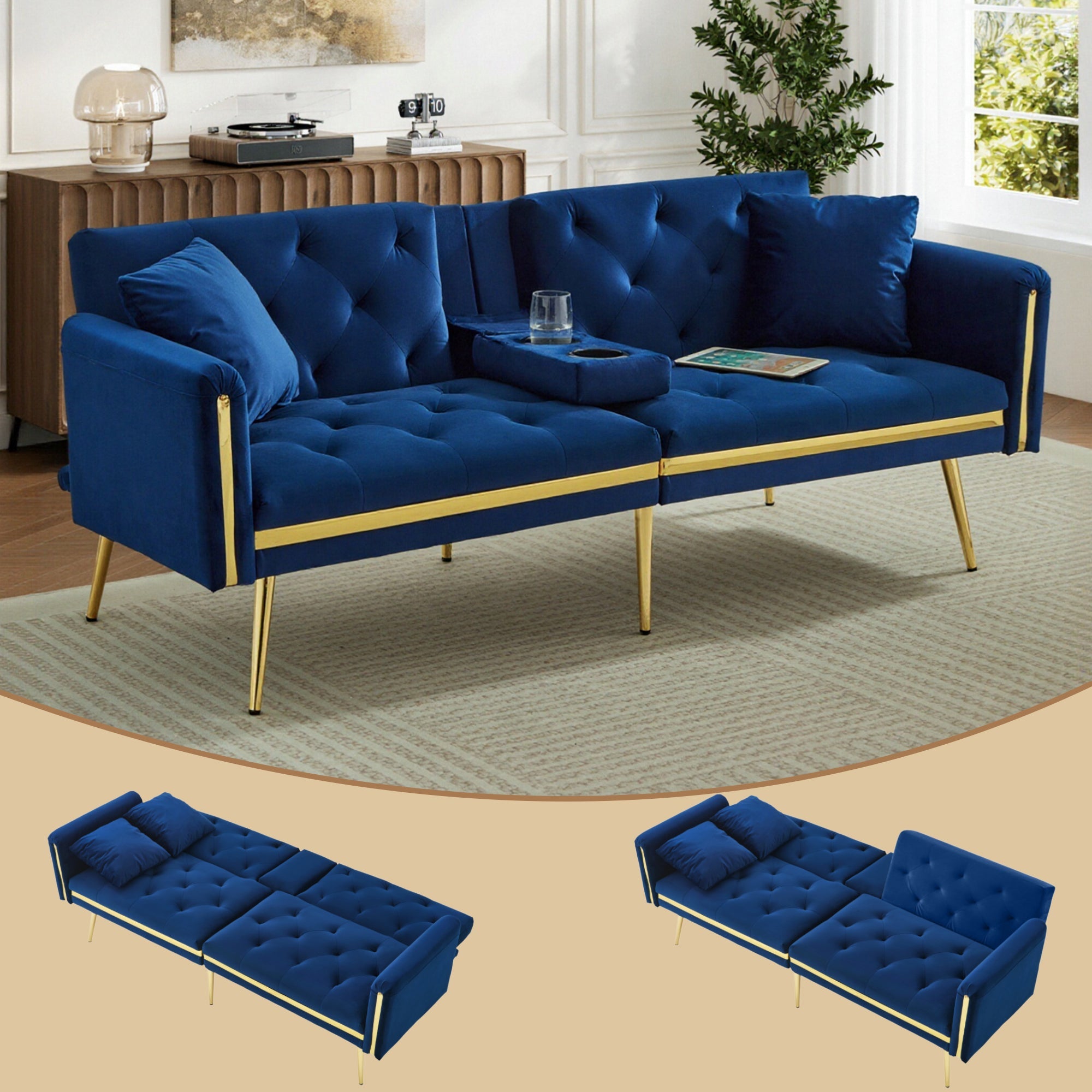 Two-seater Sofa Bed, Adjustable Backrest, Gold Accents, Cup Holders, Velvet