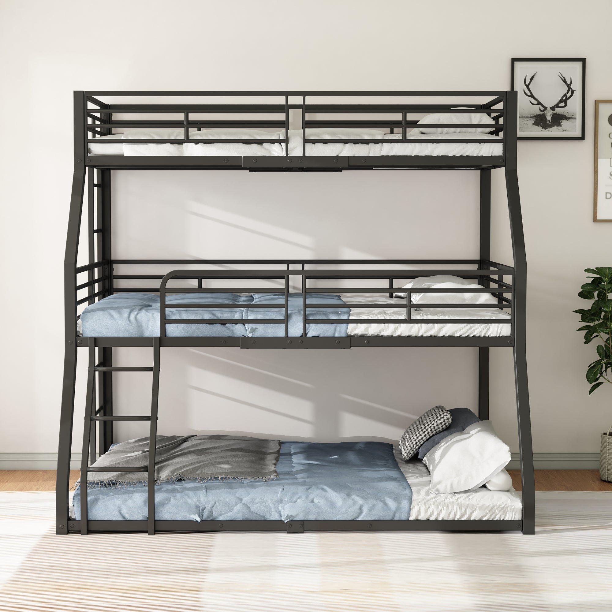 Triple Bunk Bed 90/120/140x200cm Metal Frame - Black