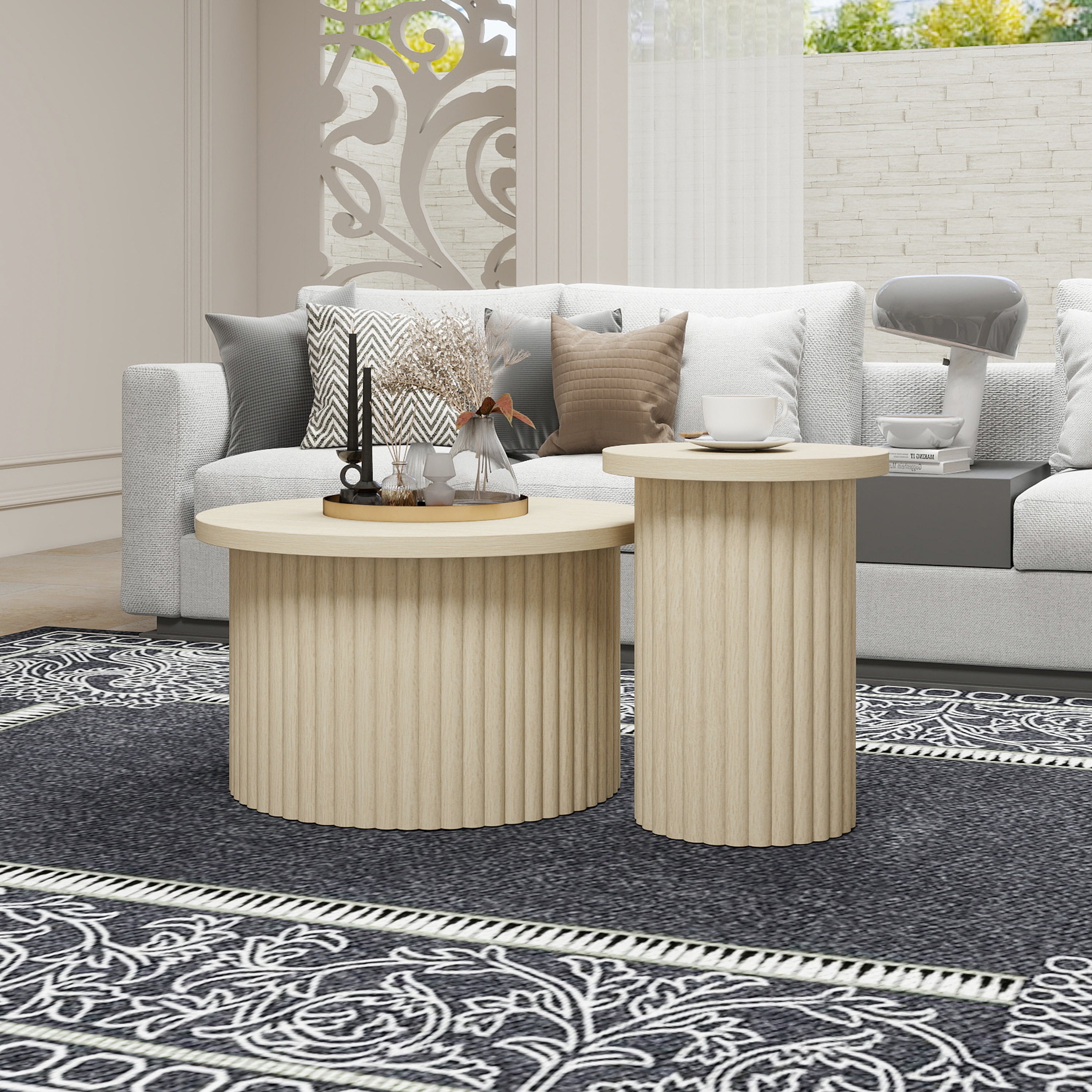 Coffee Table Set, Round 2-Pack Side Table, Natural Wood