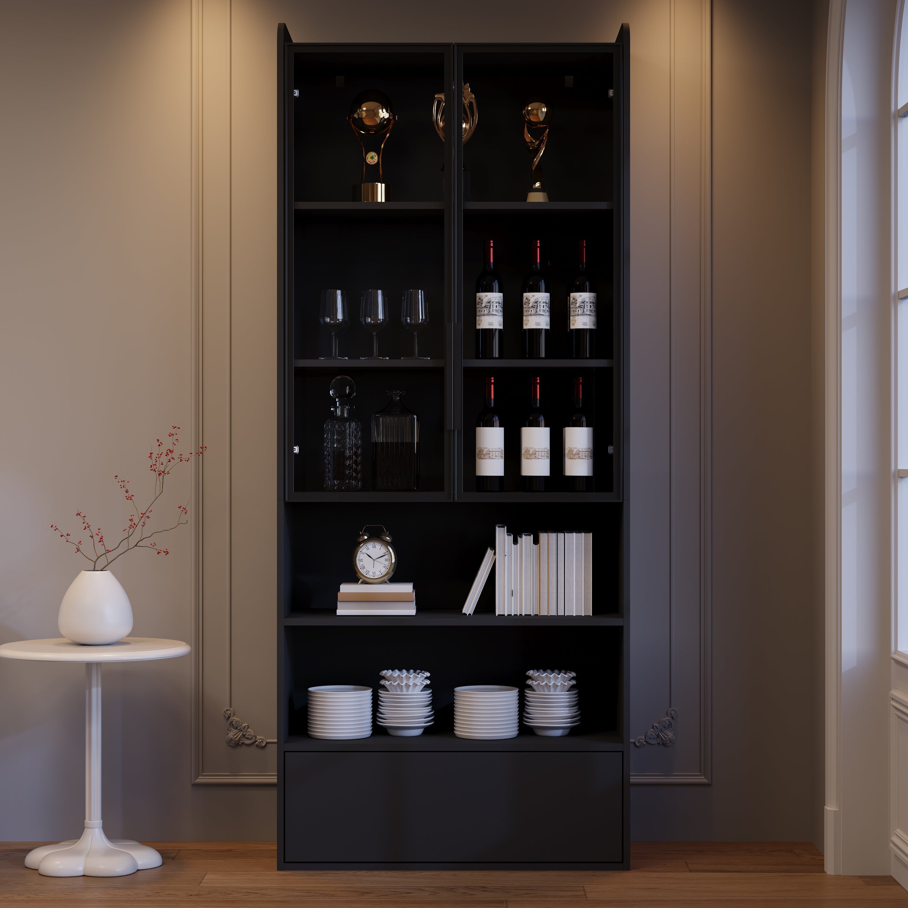 Tall Display Cabinet with 1 Drawer, LED Lighting and Glass Doors, Black