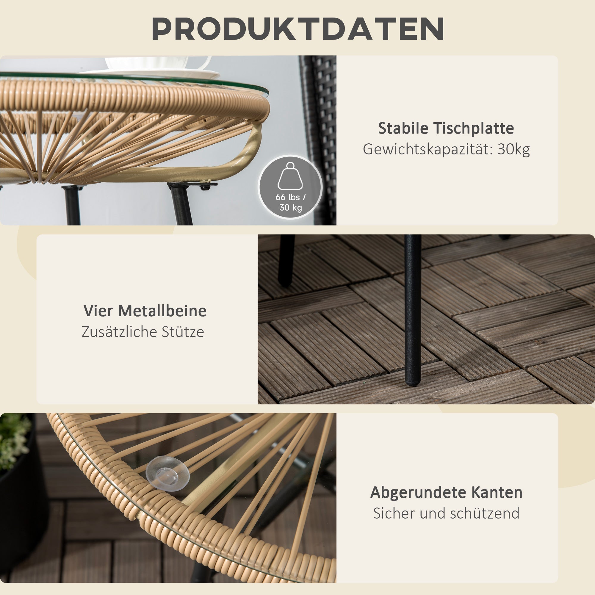 Bistro Table, Round Garden Side Table 50cm, Rattan Black+Beige