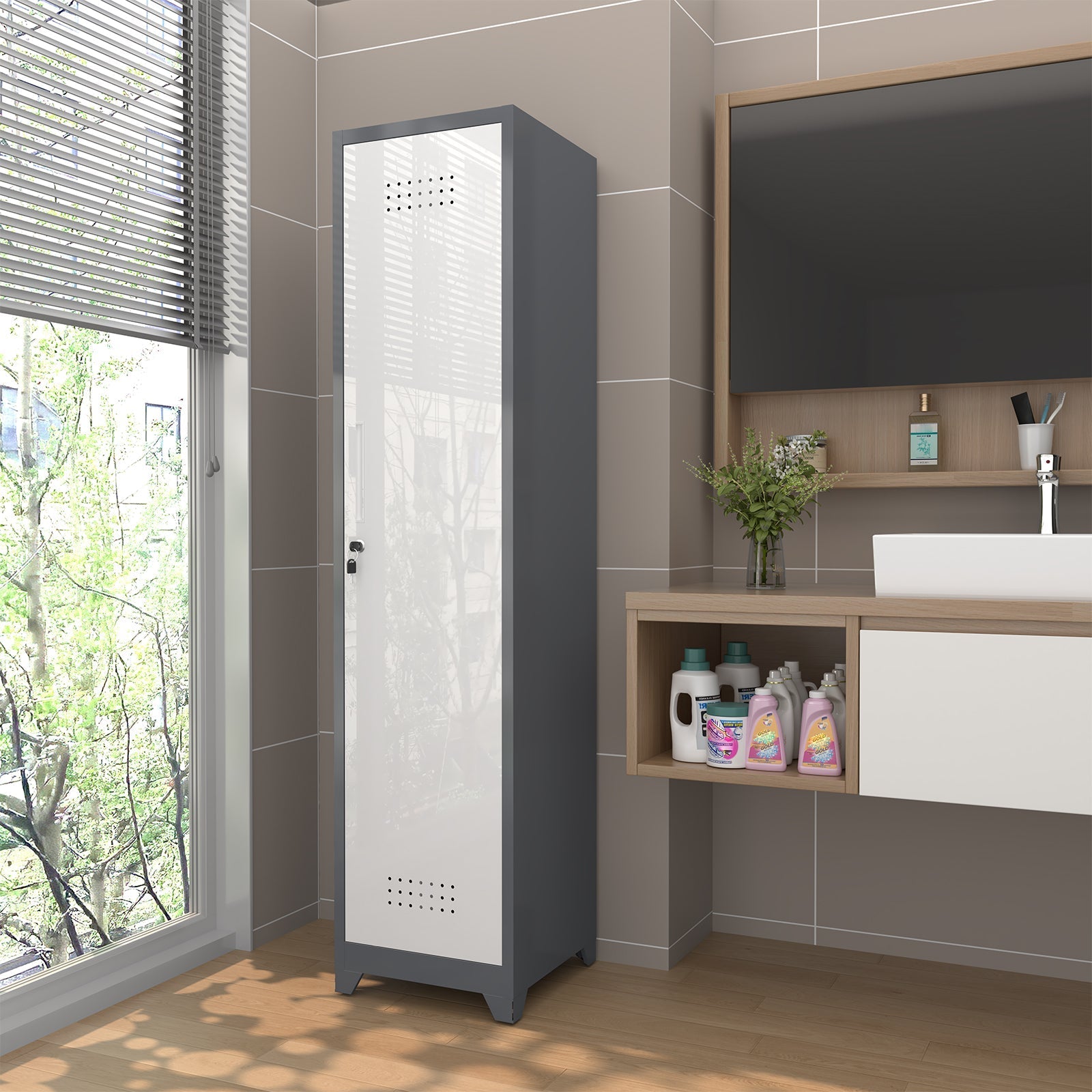 Slim Broom Storage Cabinet with Shelves, Hanging Rod & Locking Door - Metal