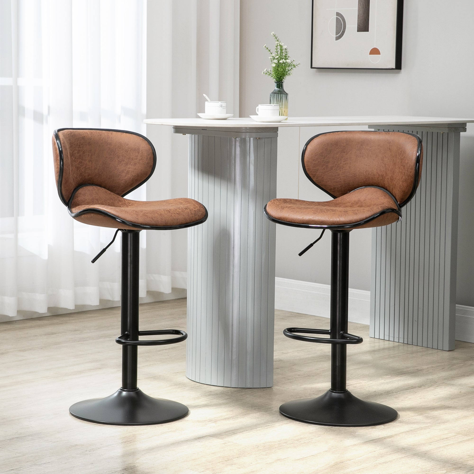 Bar Stool Set of 2, Adjustable Height Armless with Swivel Seat, Microfiber Cloth, Brown