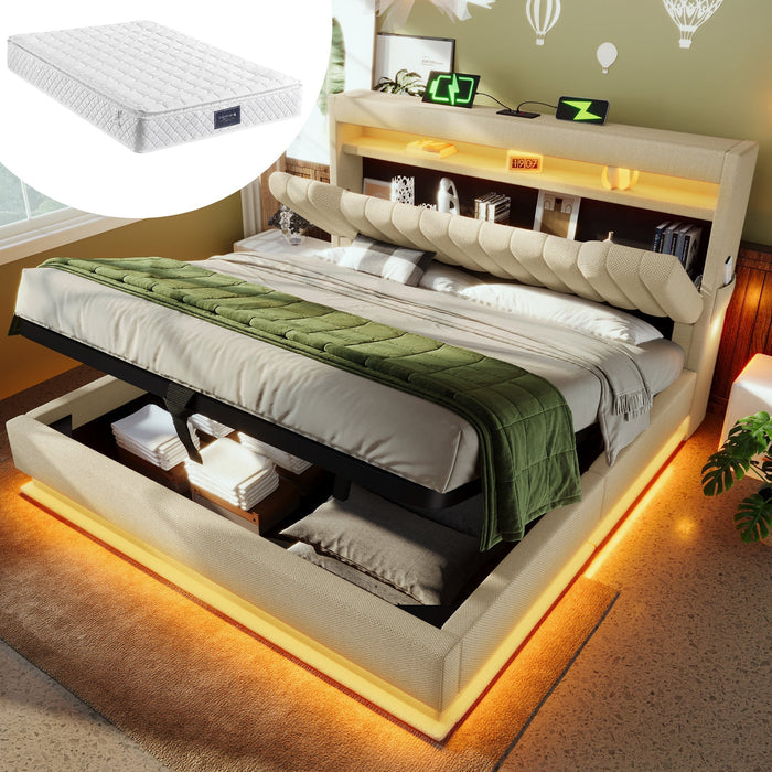 Upholstered Double Bed 140x200cm Storage Headboard USB/Type-C LED Hydraulic, Beige Linen