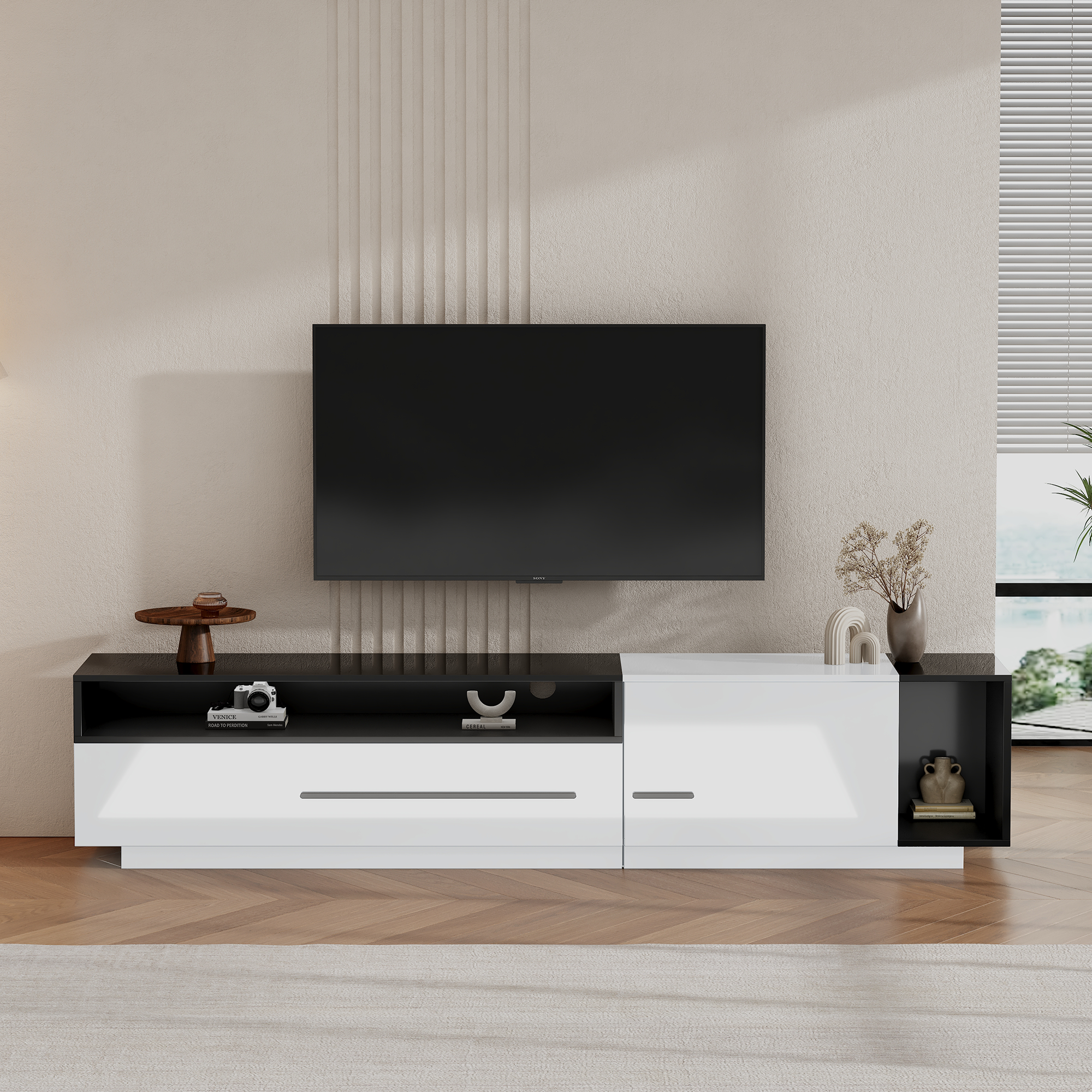 High-Gloss TV Cabinet, 170cm Lowboard for 70-inch TVs with Drawer & Door