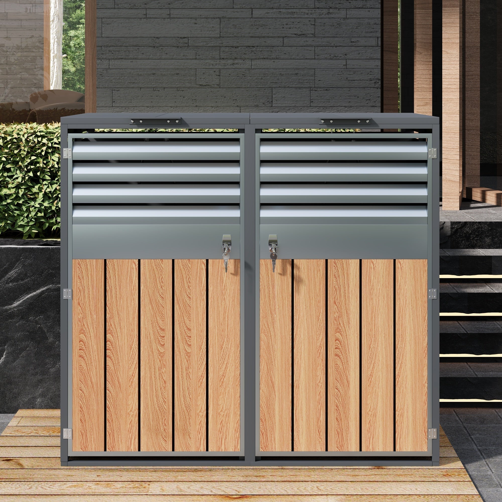 Bin Storage Box with Hinged Lid, Louvered Ventilation and Two Doors, Lockable Plastic