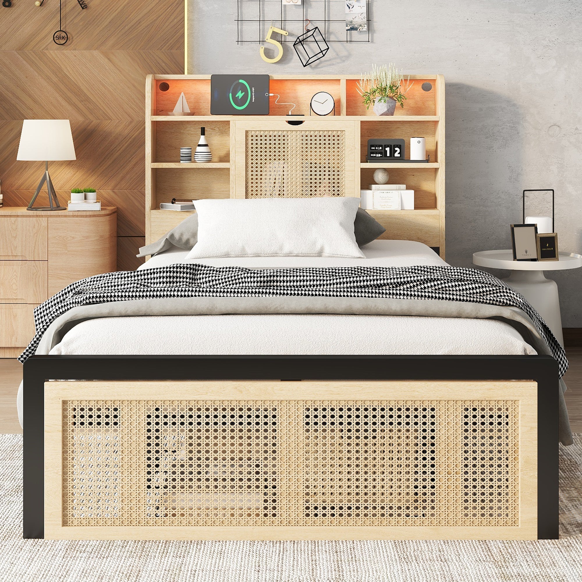 Wooden Bed, 3ft Single, LED Light, Charging Port & Storage, Wood Colour