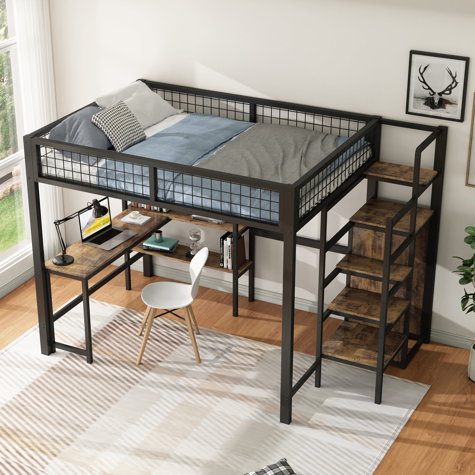 Loft Bed 140x200cm Iron Frame with Storage Ladder Shelves Wardrobe Desk Black