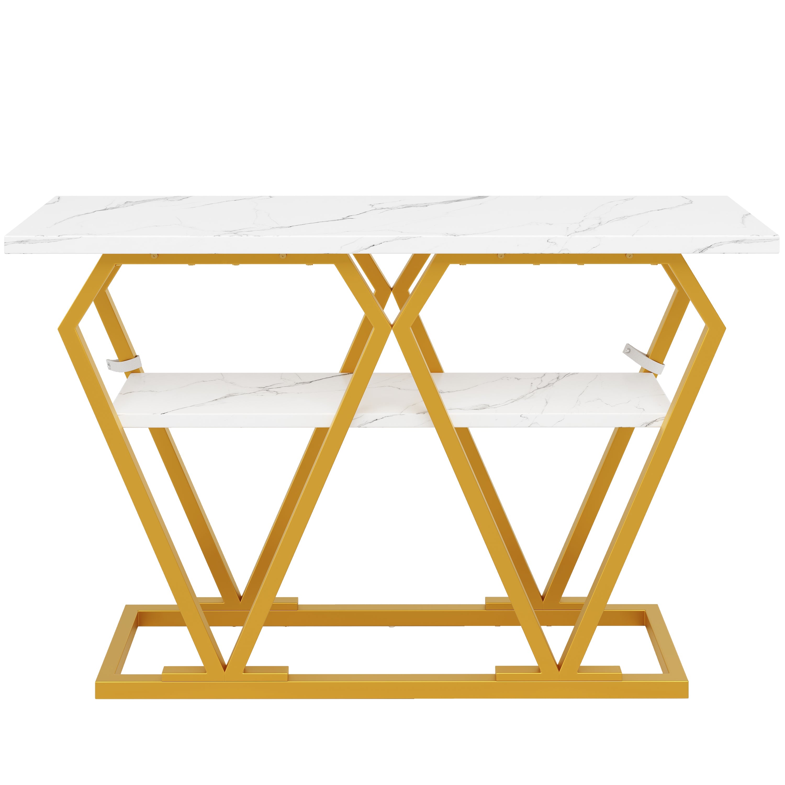 Console Table with Integrated Storage and Metal Legs, White Marble Look