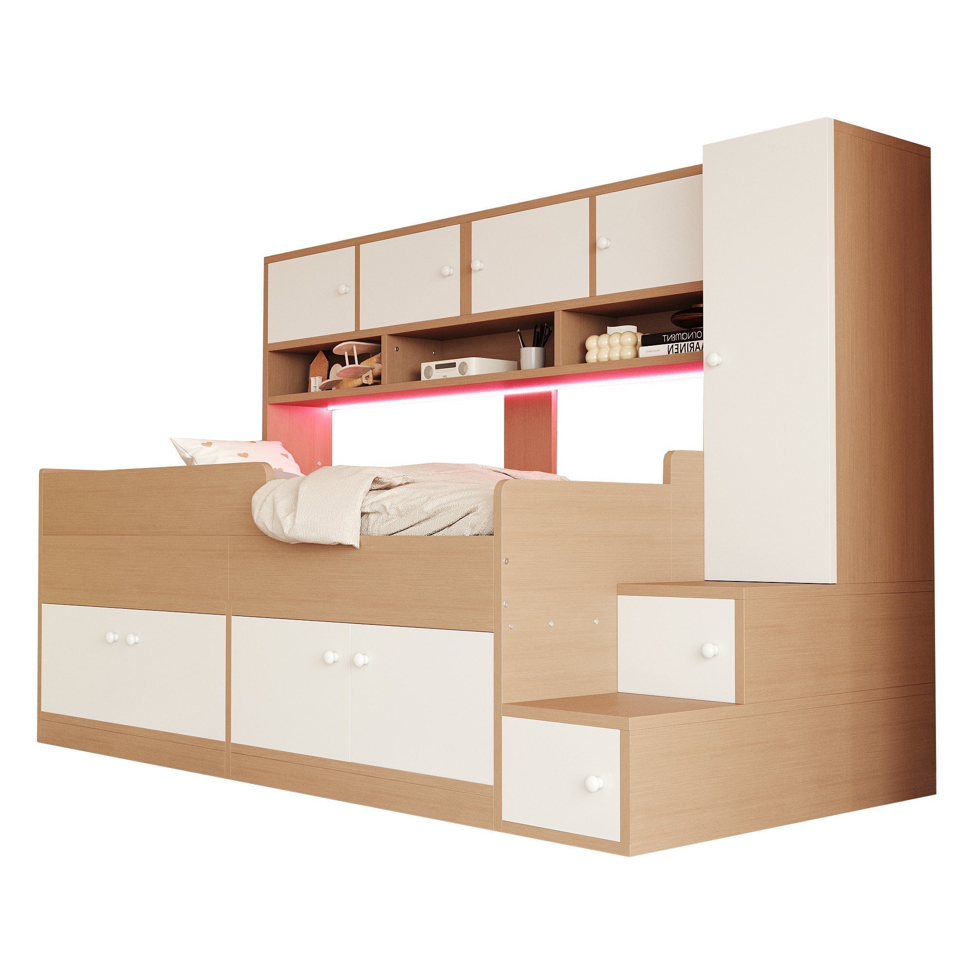 Wooden Children's Bed with Wardrobe, Shelves, Ladder and LED Lighting, 90x200cm, Wood Color
