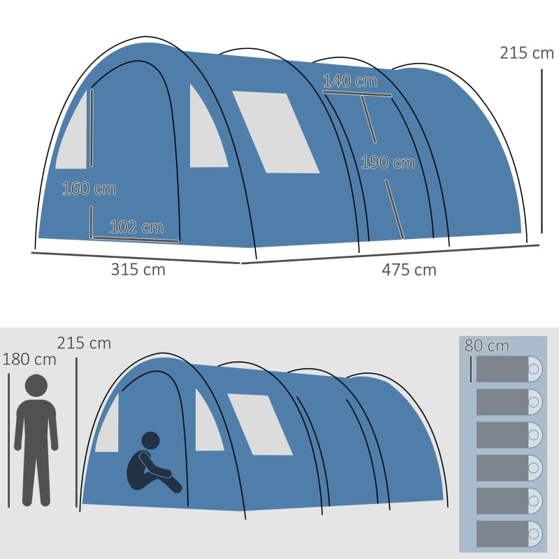 5-6 Man Camping Tent 2 Room Floor Carry Bag, Blue