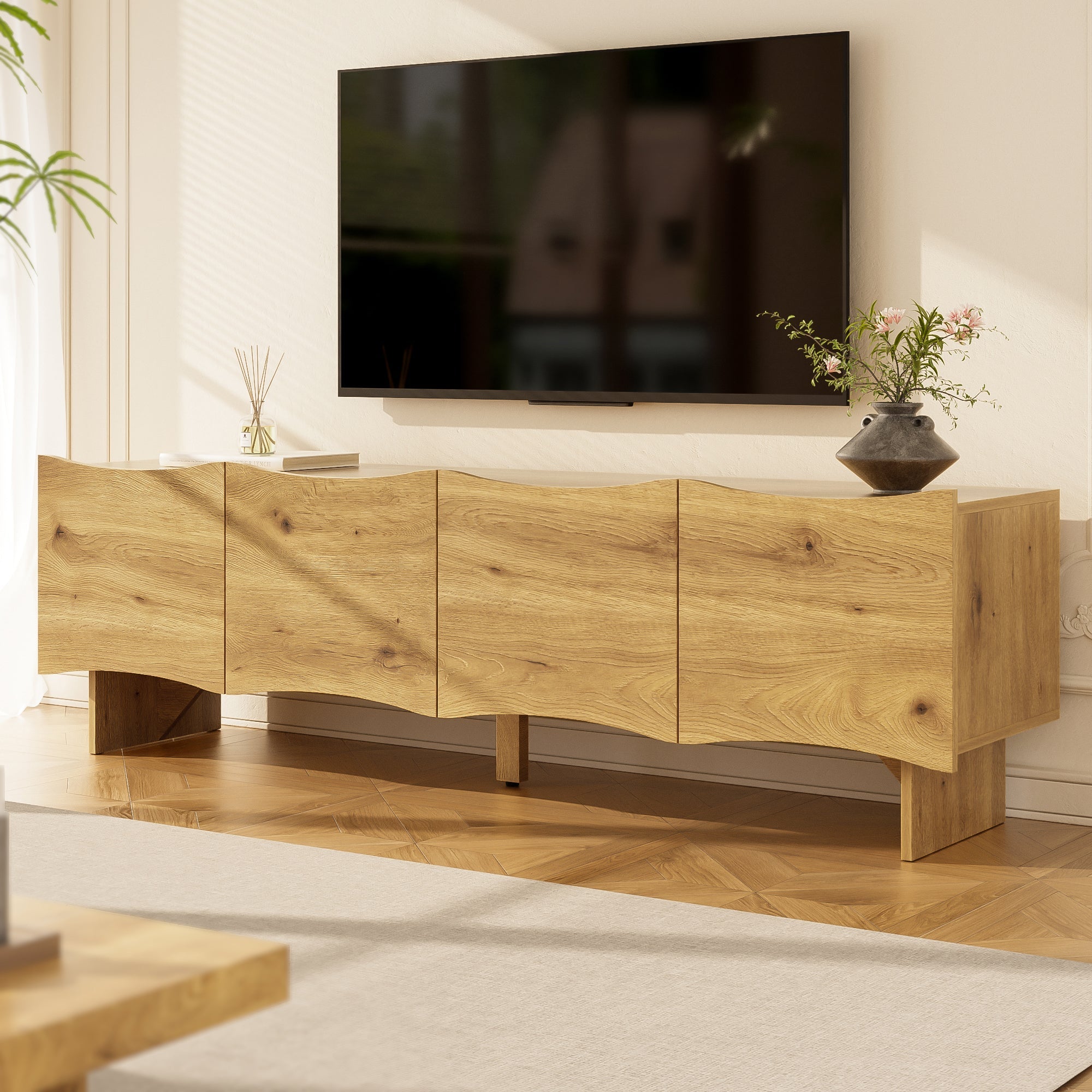 Modern TV Cabinet, 155cm Media Console with 4 Doors & Storage, Wood Look