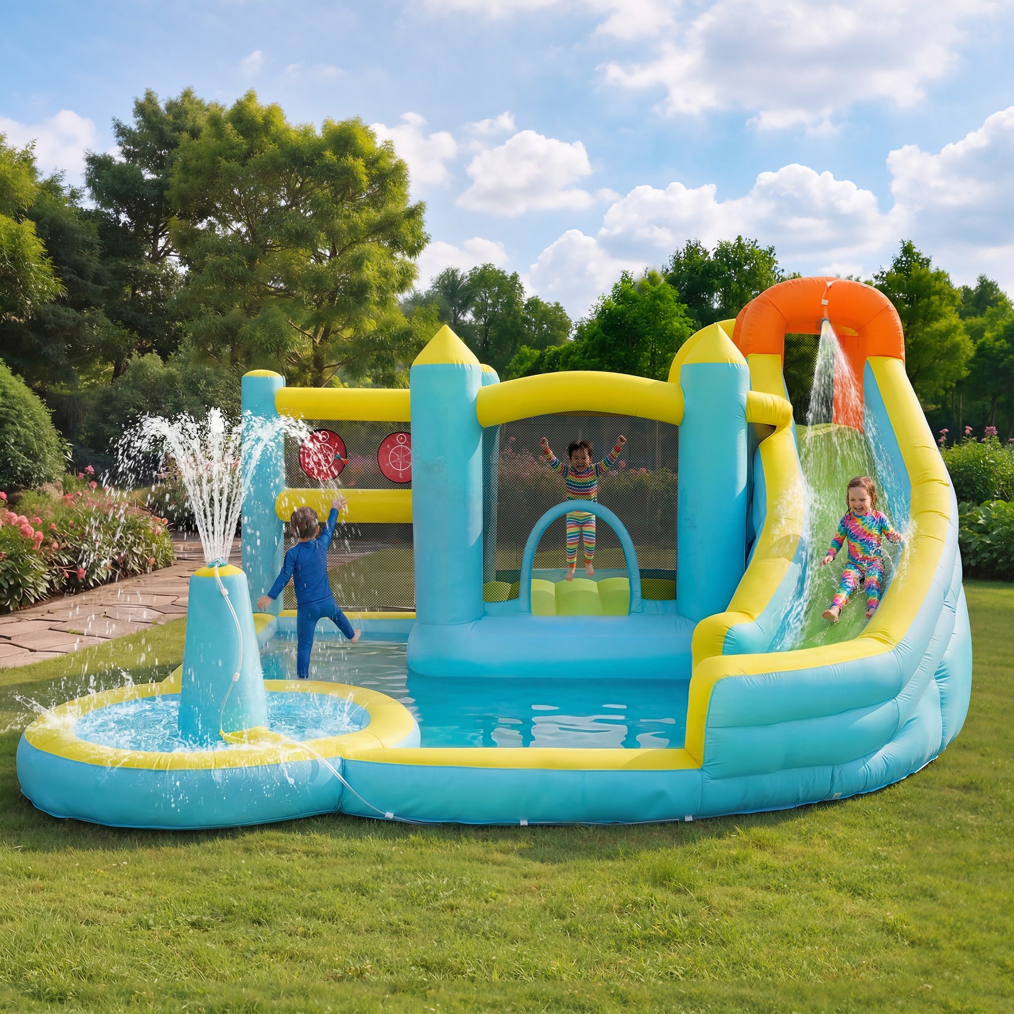 Children's Bouncy Castle Water Park with Slide, Pool and Blower, 430x390x210cm, Inflatable Multi-color
