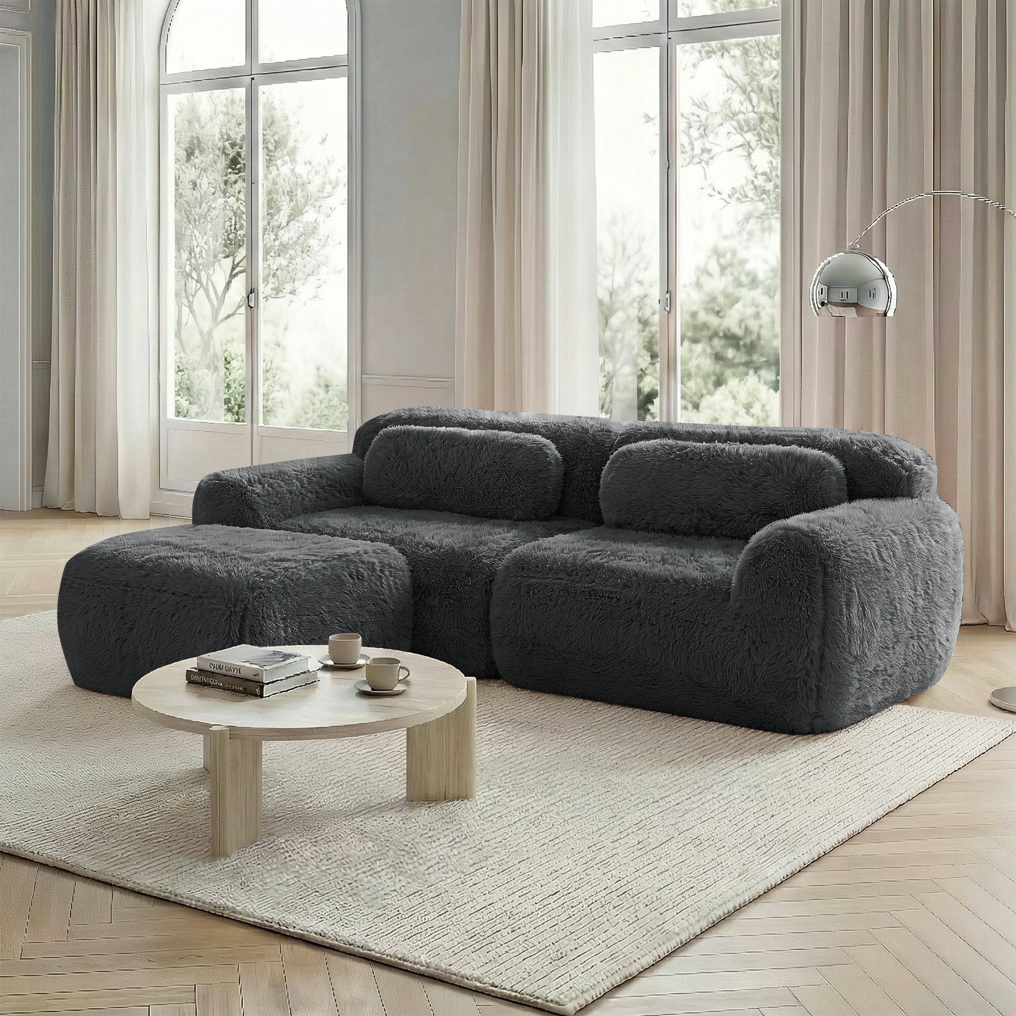 L-shaped 2-Seater Sofa, Modular Plush Fabric, Grey