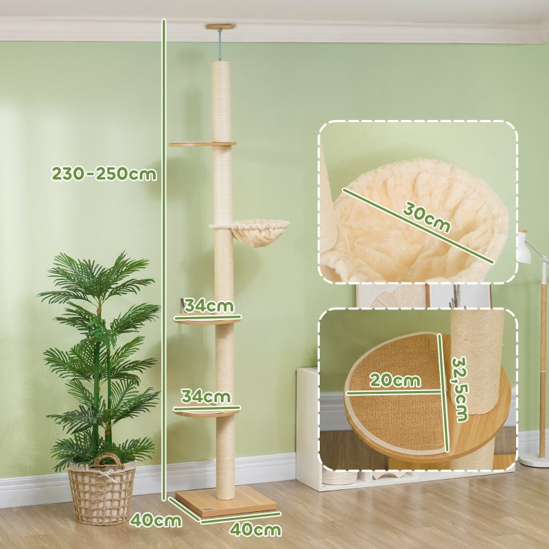 Katzenbaum, deckenhohe Sisalseile, Holzwerkstoff, Eiche+Cremeweiß