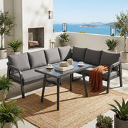 Garden Dining Set, Seats 6 with Corner Sofa and Dining Table, Grey Wicker and Galvanized Steel