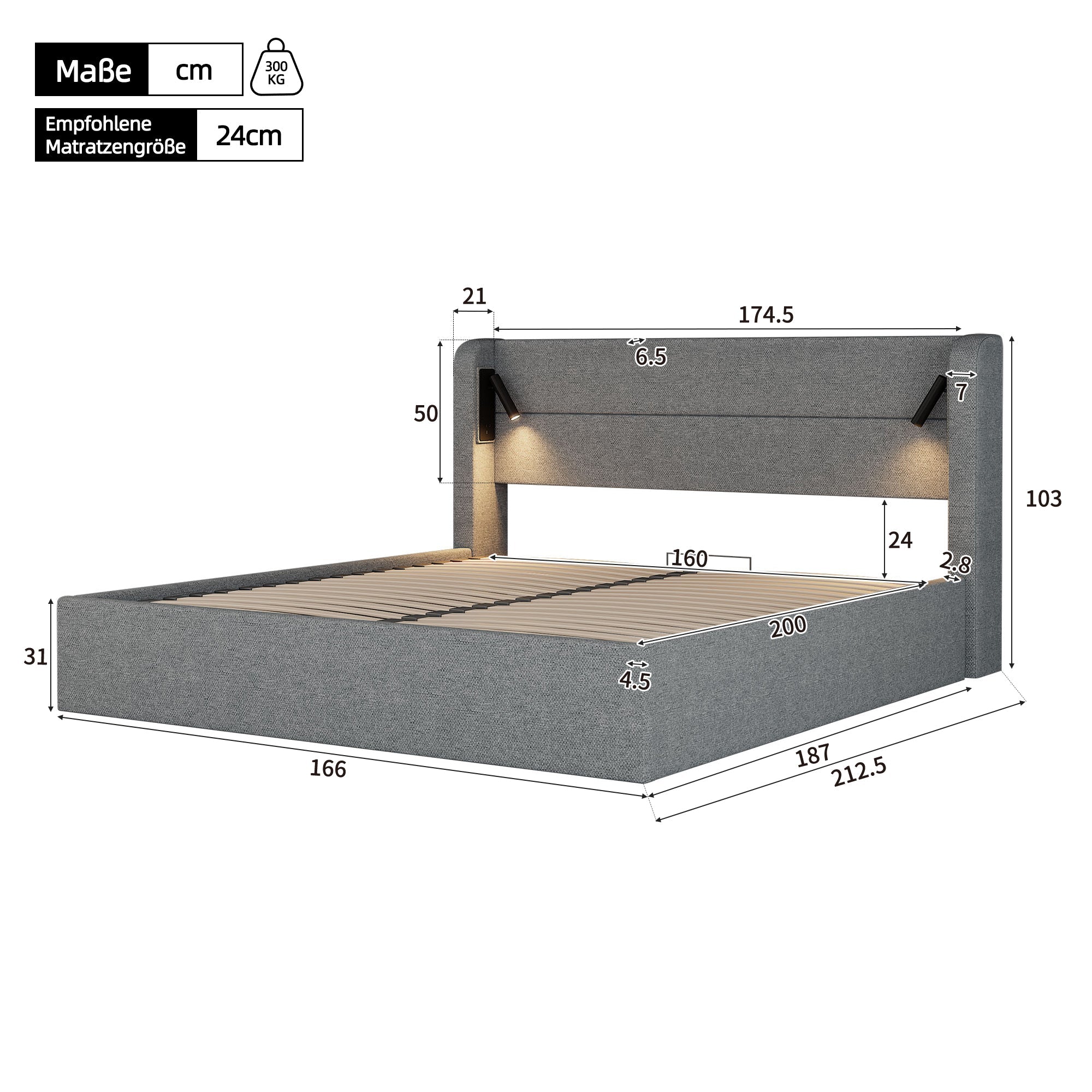 Upholstered Double Storage Bed with Mood Lighting, 160x200cm, Grey Chenille