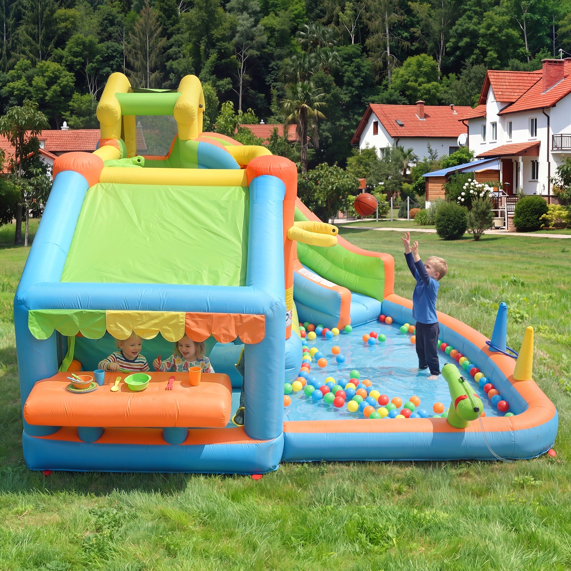 Children's Bouncy Castle and Inflatable Water Park with Blower, Slide and Basketball Hoop, 360x350x210cm, Oxford Fabric