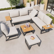 L-shaped Garden Sofa Set 7-Seater Lounger with Table Armchair Stool - Grey/Beige