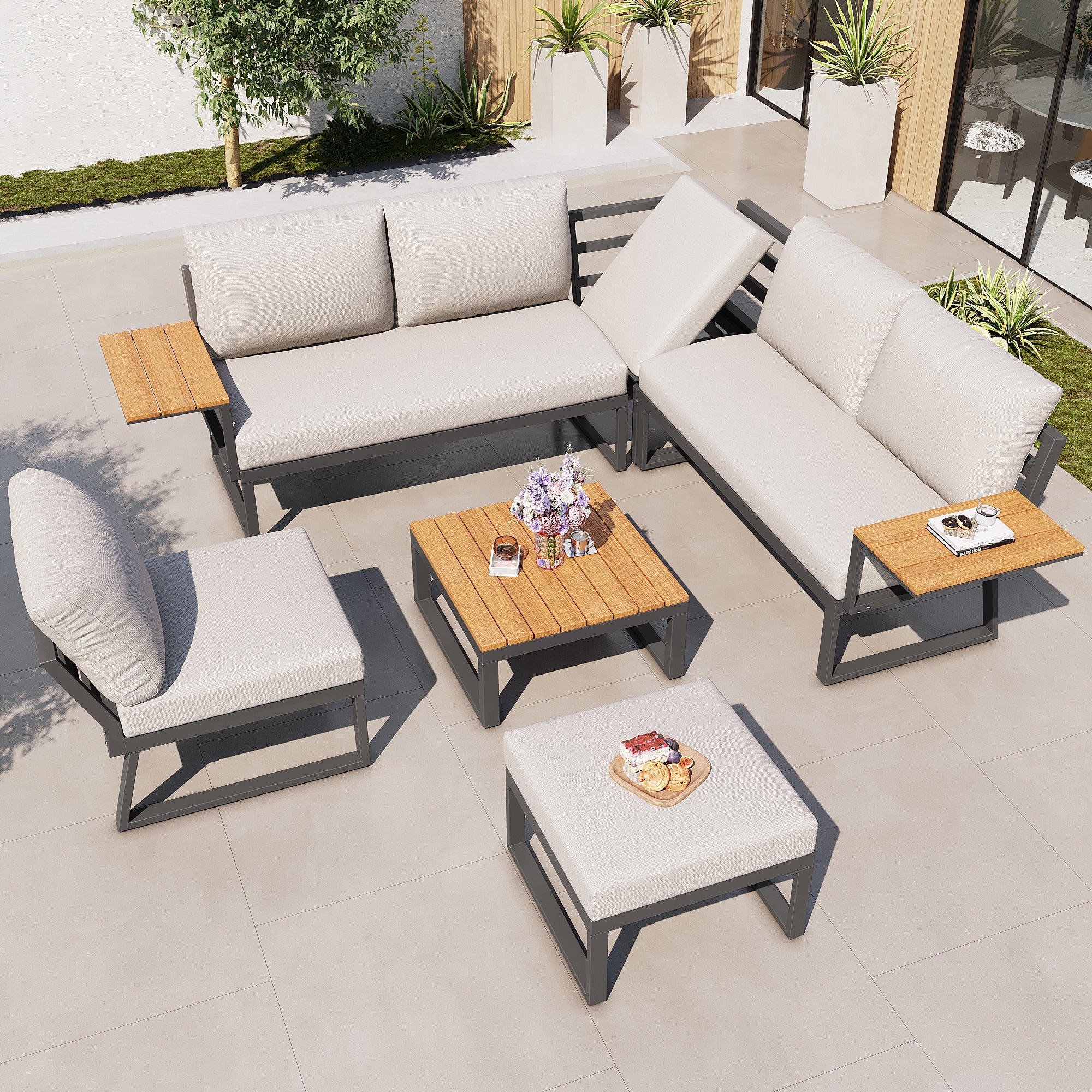L-shaped Garden Sofa Set 7-Seater Lounger with Table Armchair Stool - Grey/Beige
