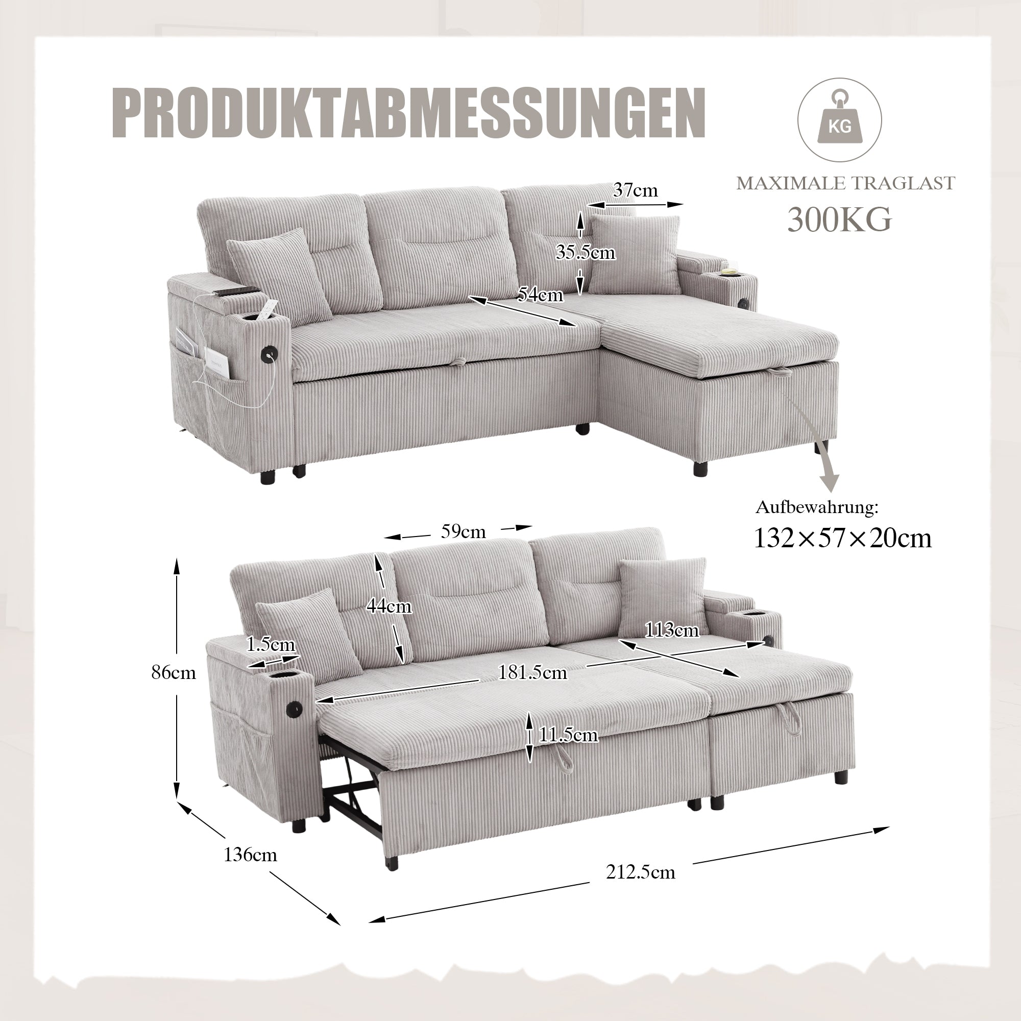 Modern 3-Seater Sofa with Storage, Cup Holders, USB-C and Pull-Out Bed, Corduroy
