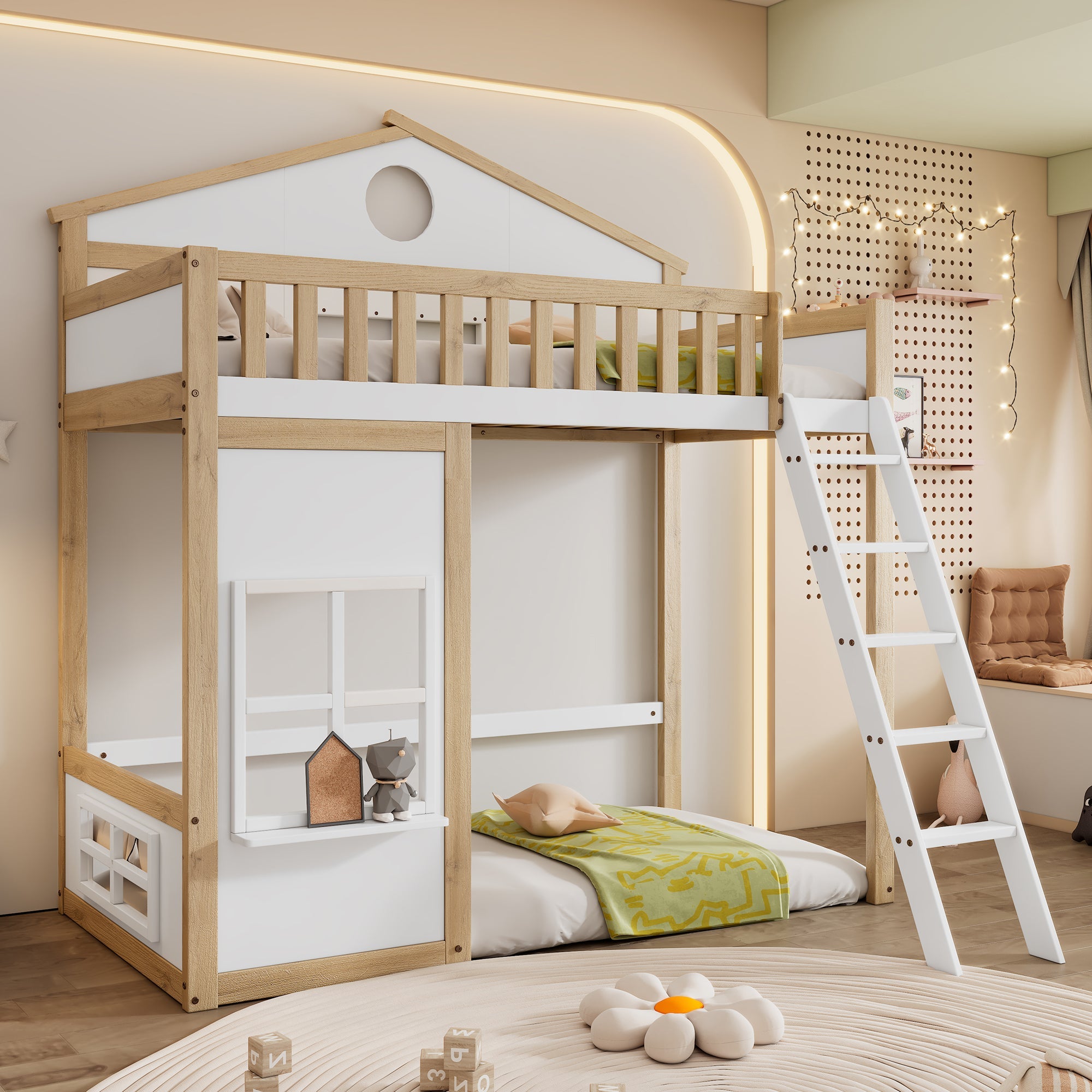 Bunk Bed, House Bed with Stairs & Rails, Pine+MDF, White+Natural