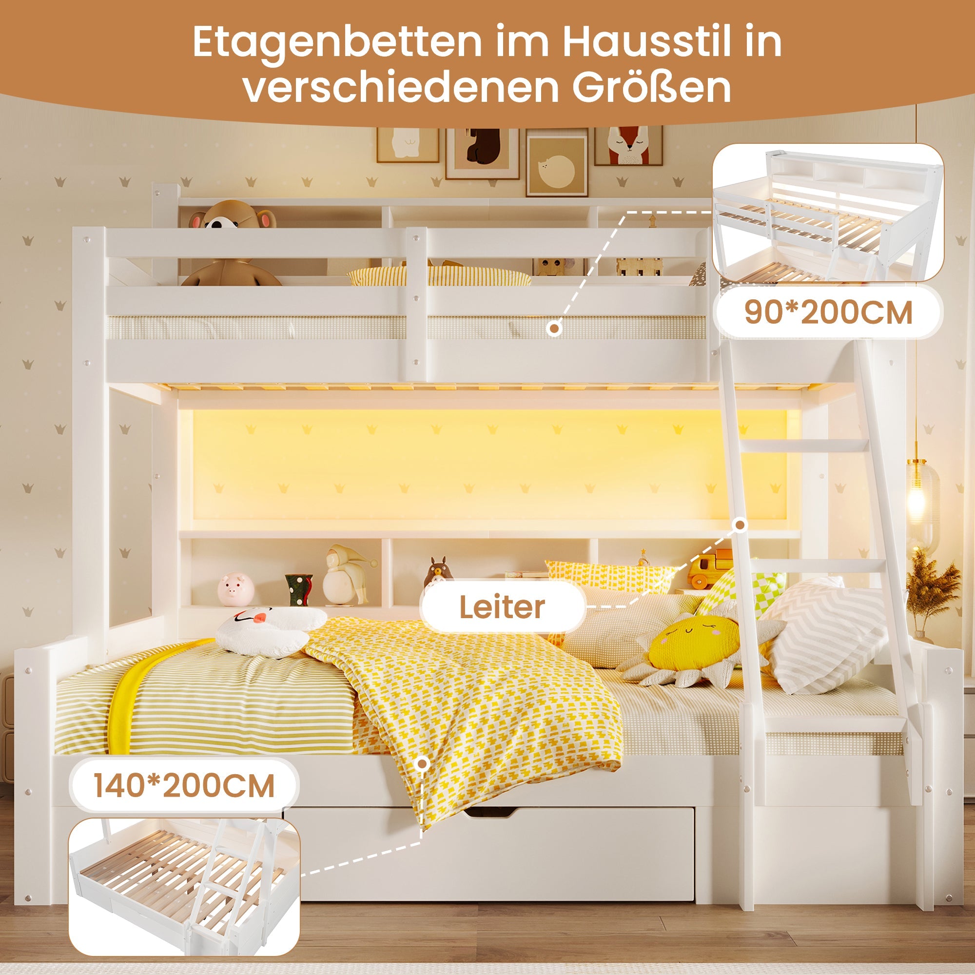 Bunk Bed with Storage Shelves, Drawer and LED Light, 90x200cm over 140x200cm, White