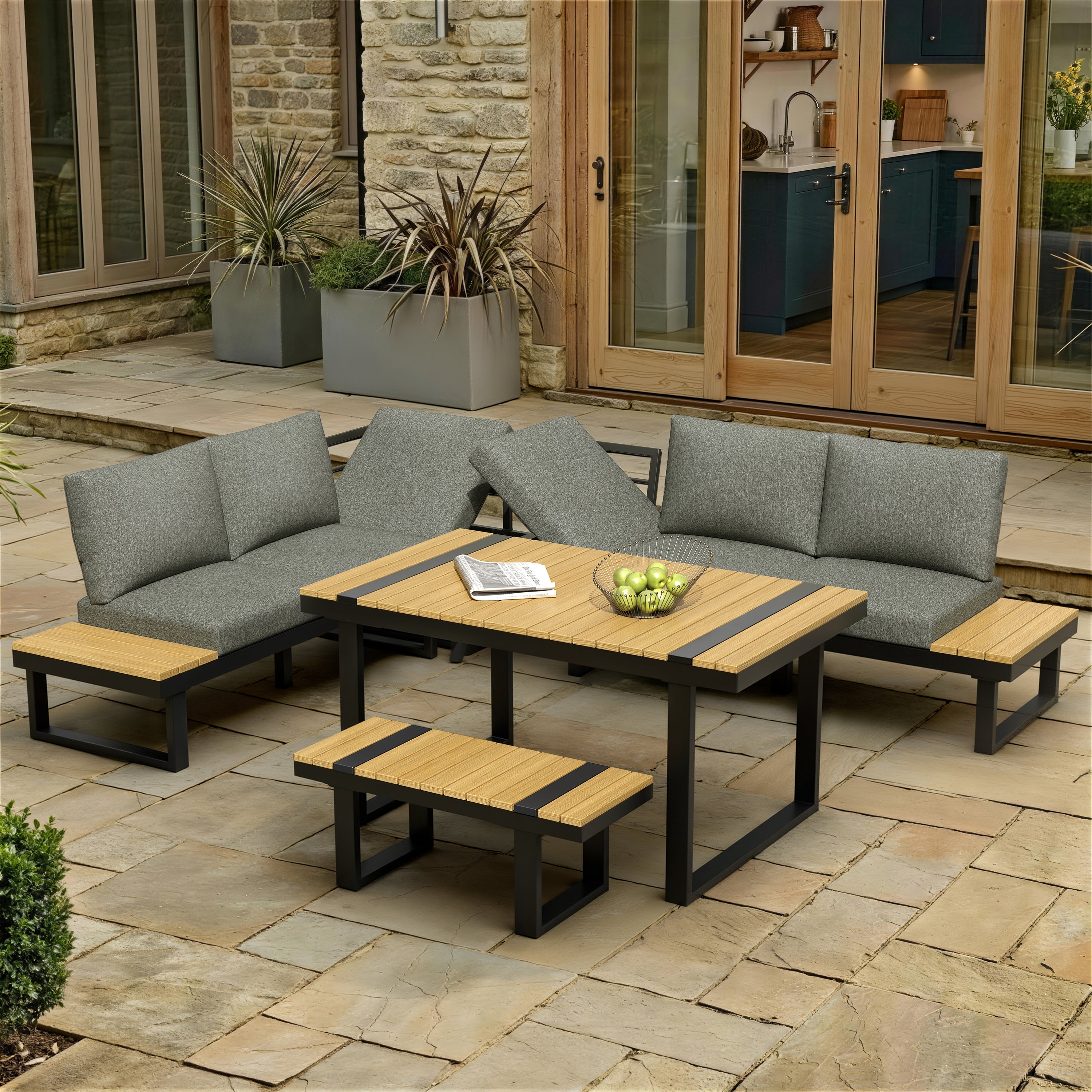 Garden Dining Set with Adjustable Tilt and Corner Configuration, Grey and Black