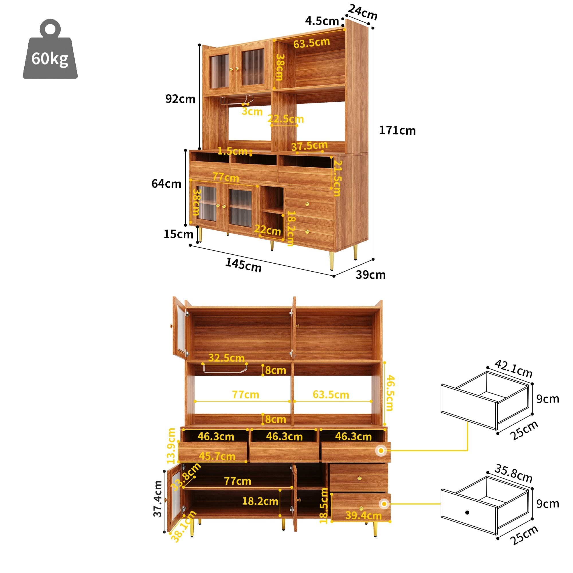Restaurant Tall Cabinet, Changhong Glass Door Wine Rack Storage, Wooden/Gold