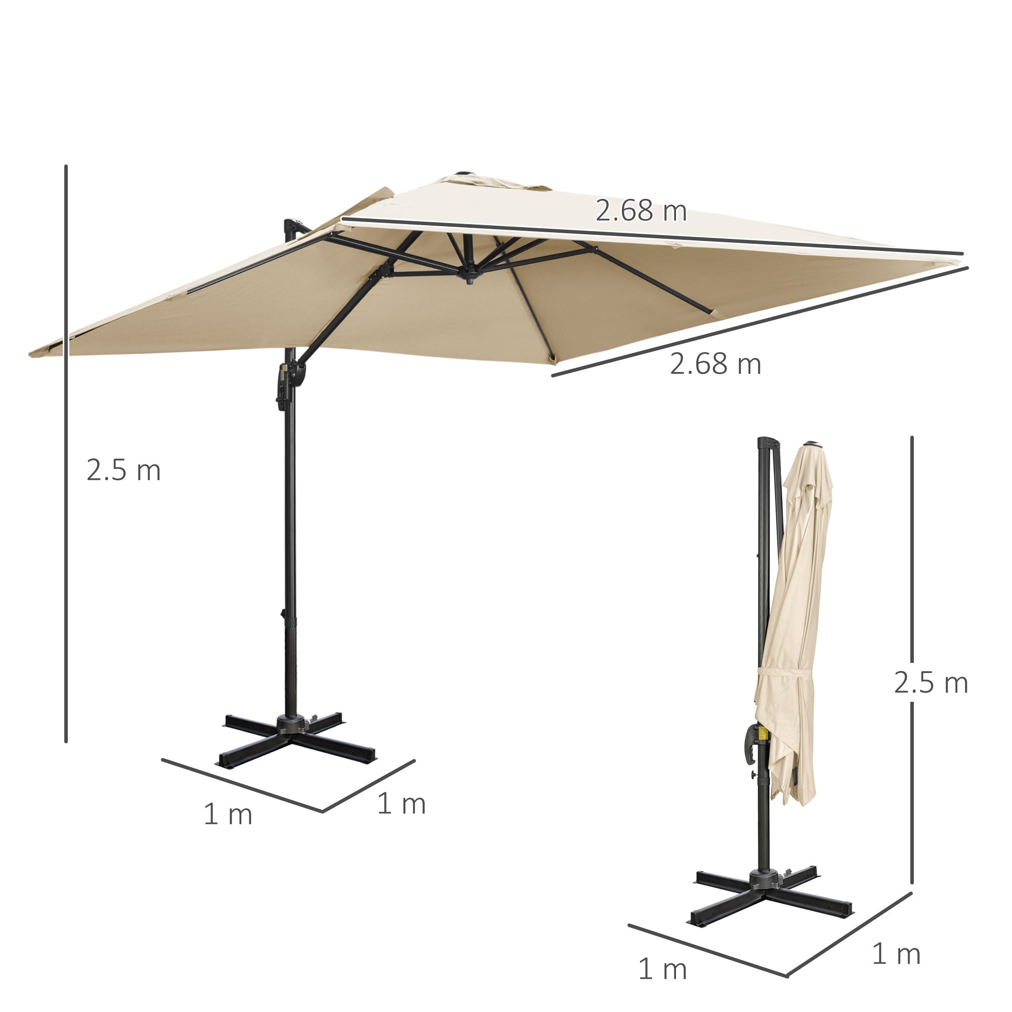 Cantilever Parasol Square Overhanging Umbrella with Crank, Tilt, 360° Rotation, Aluminium Frame, Cream White