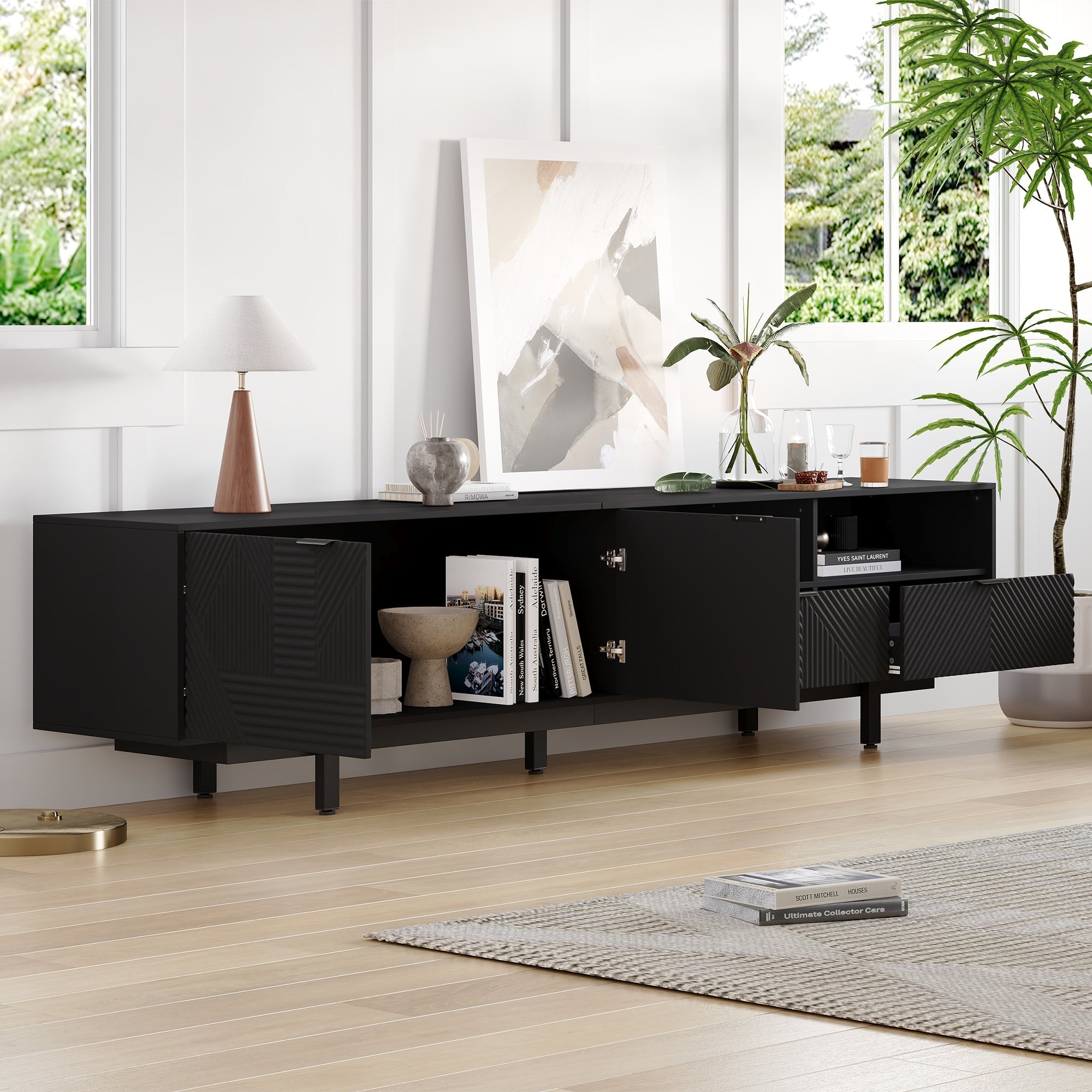 TV Cabinet, Modern Bohemian, Abstract Geometric, 90-inch, Black