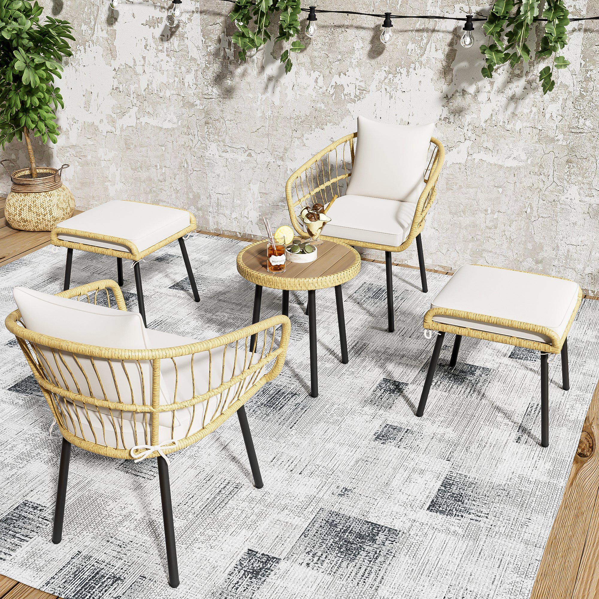 5-Piece Garden Lounge Set 1 Table 2 Chairs 2 Stools - Rattan Natural