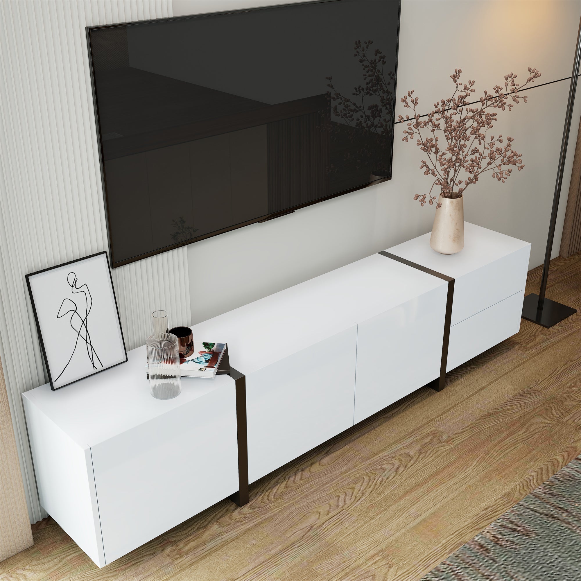 TV Cabinet, Lowboard, High-Gloss White with Black Legs