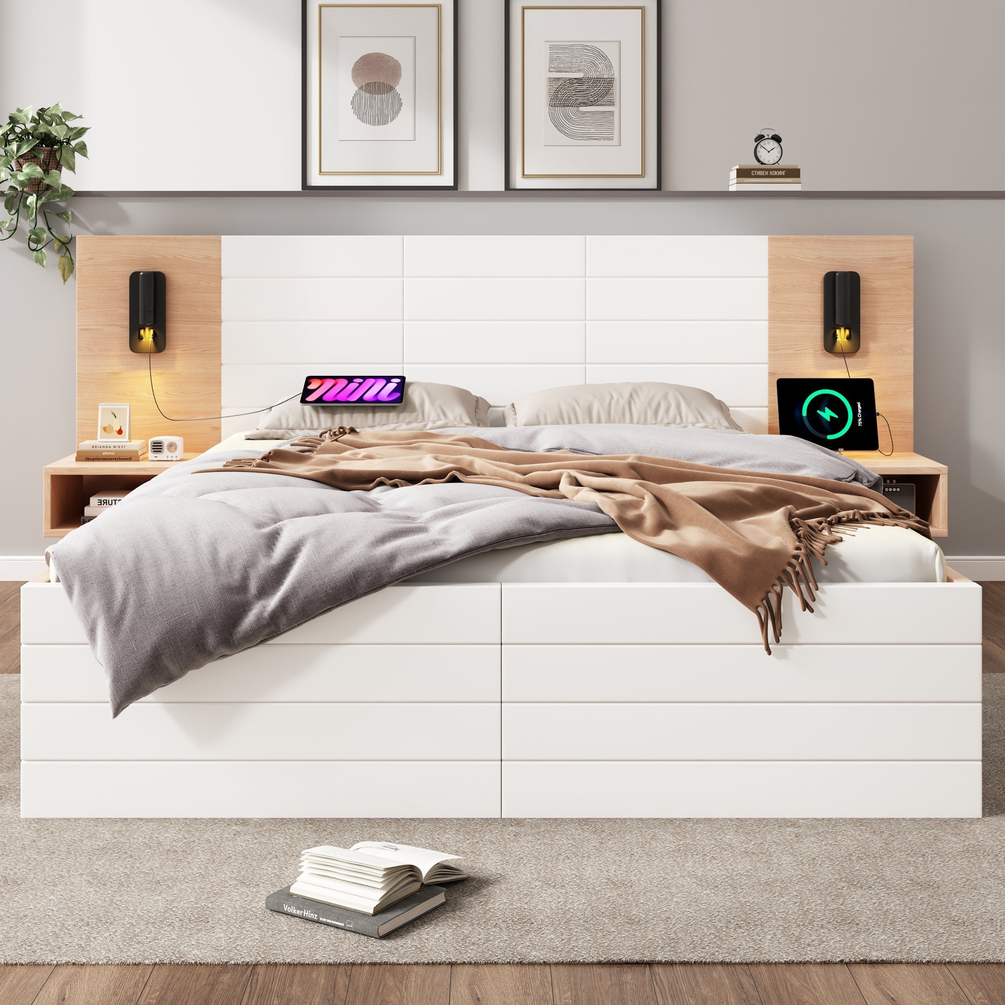 Double Bed 140x200cm, 2 Drawers, USB Reading Light, 2 Bedside Tables, Oak/White Wood
