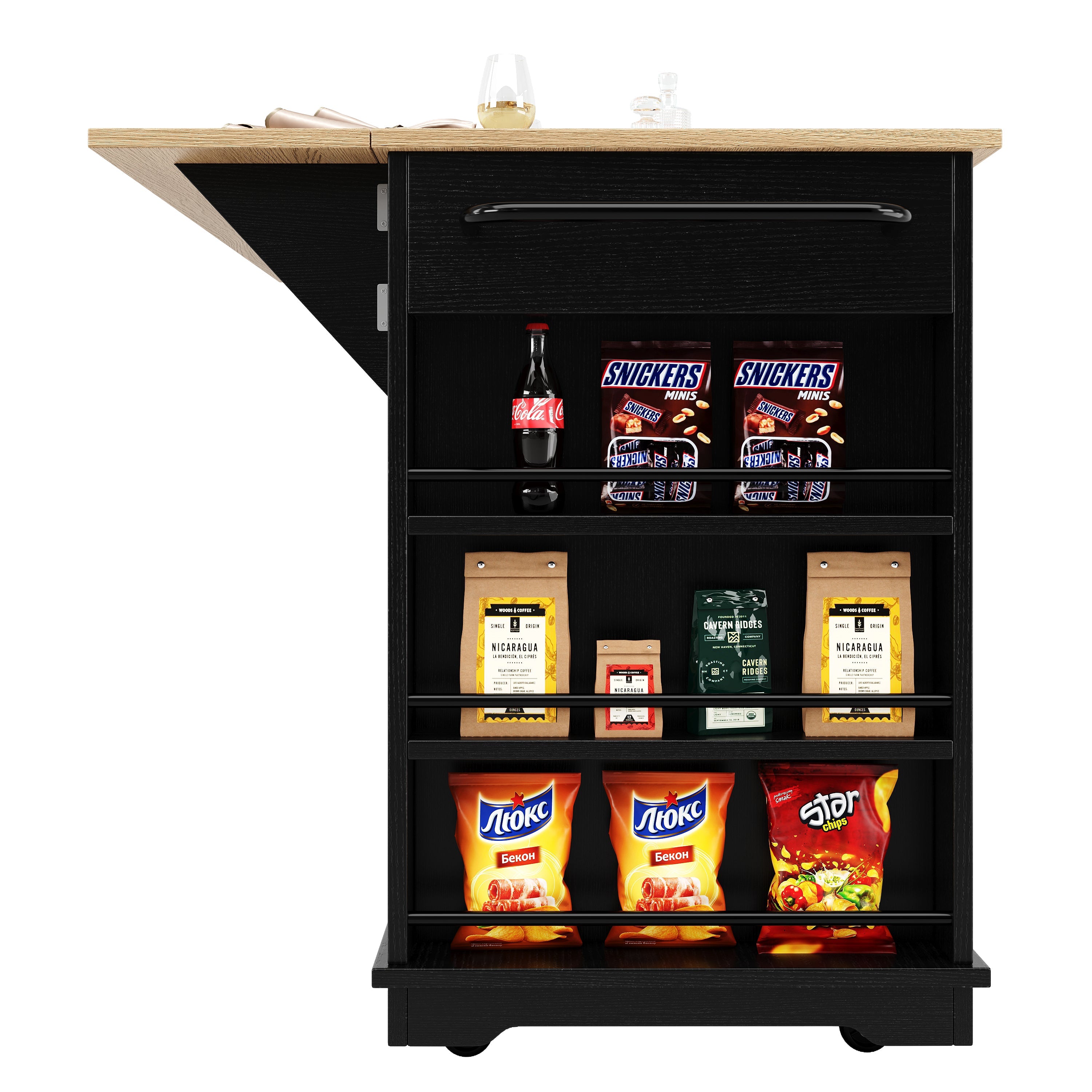 Kitchen Island, 151.5x60x91.7cm Removable Partitions Worktop Tempered Glass Cabinet, White/Black