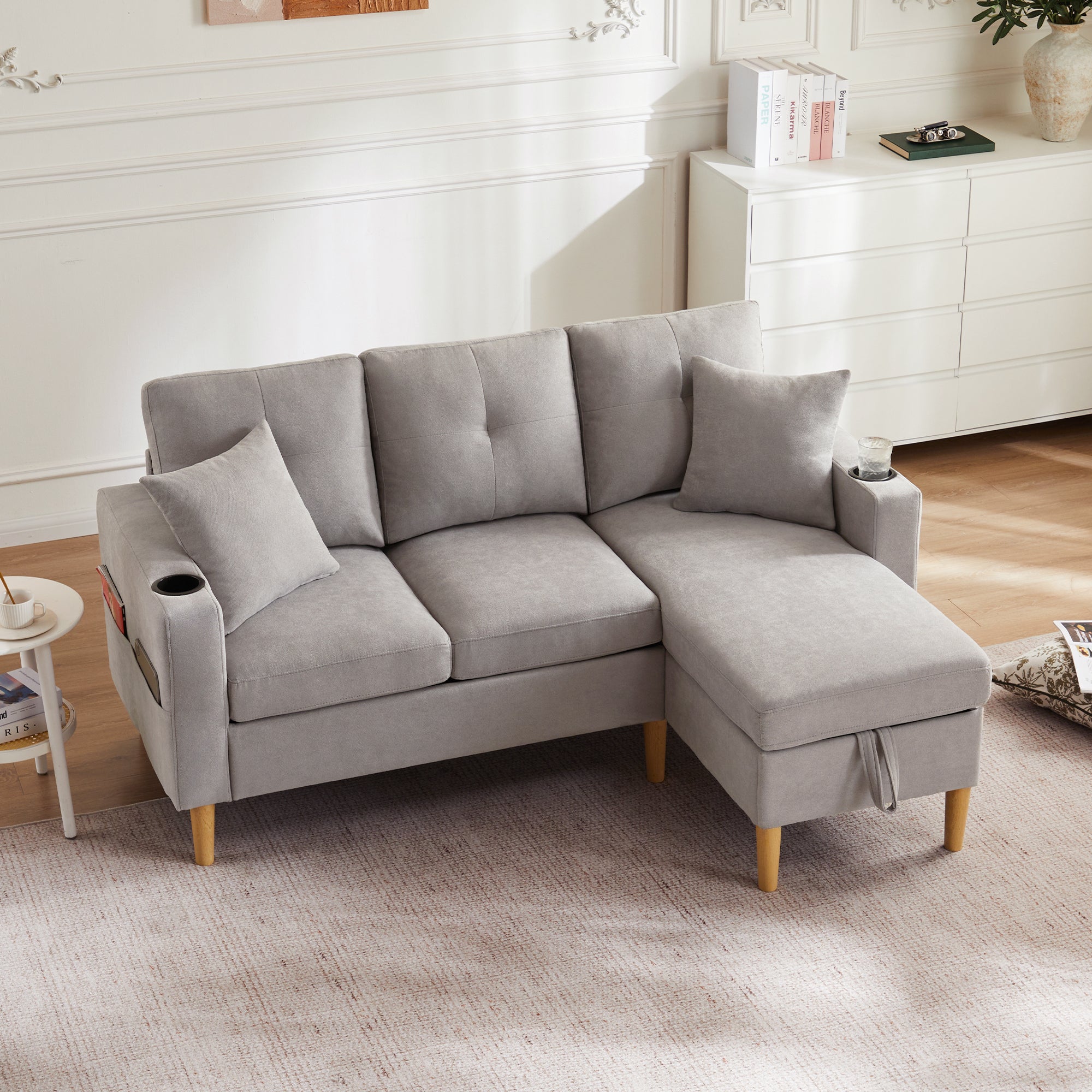 L-Shaped Sofa, 3-Seater with Chaise, Storage, Cup Holder, 2 Pillows