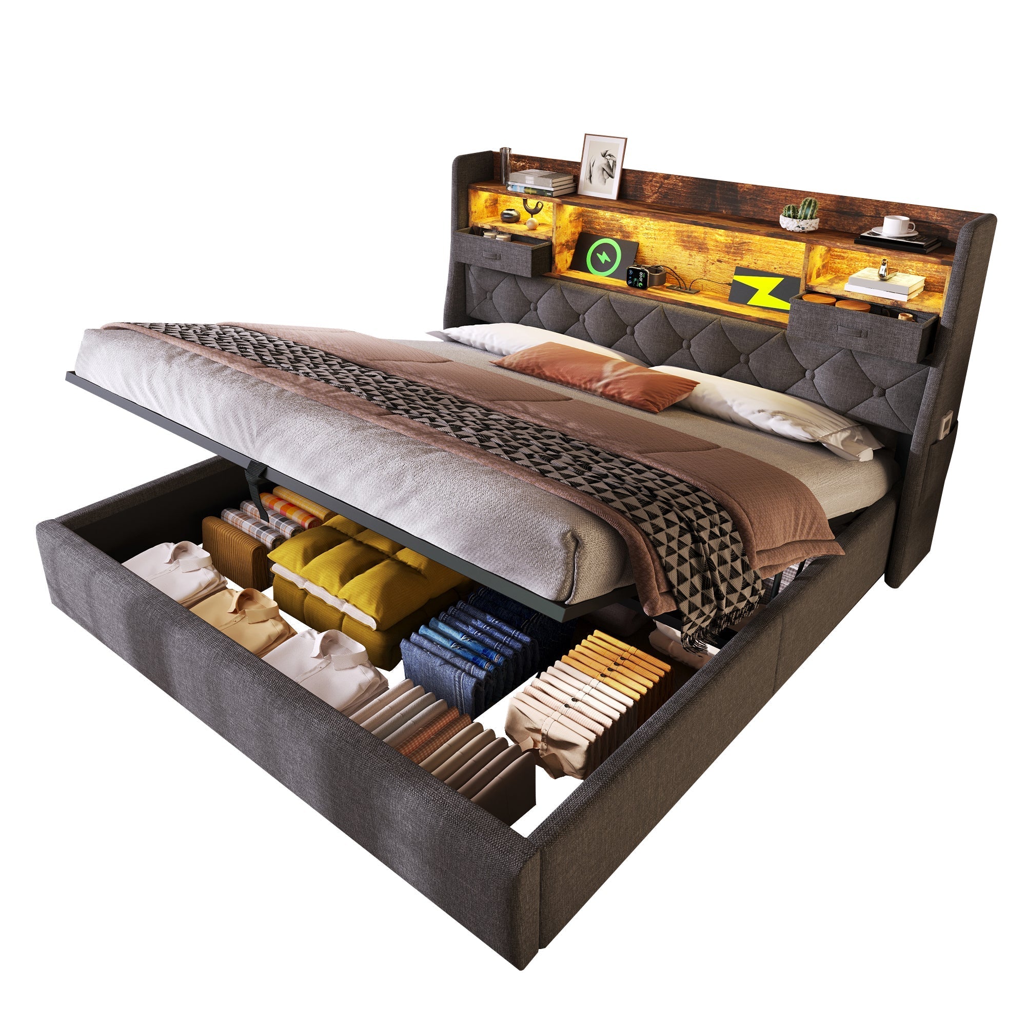 Upholstered Bed 160x200cm Hydraulic Storage LED Headboard USB/Type-C Grey Linen
