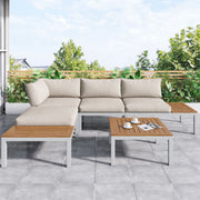 Outdoor Patio Garden Lounge Set for 4, Space Saving L-Shaped Corner Sofa with Wooden Table, Beige