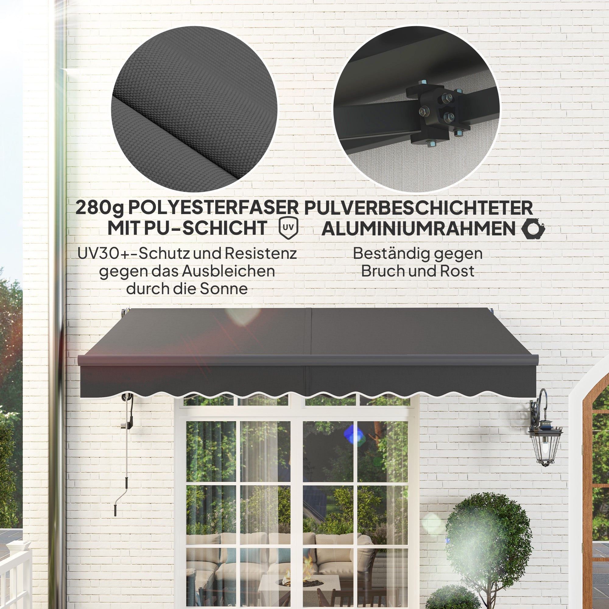 Clamp Awning, Hand Crank, Height Adjustable, UV 30+, Dark Grey